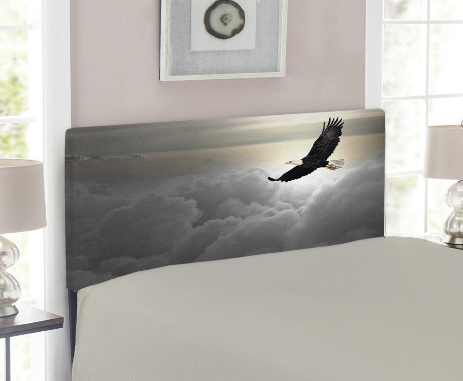 Ambesonne Eagle Headboard - Majestic Flying Eagle Above Clouds, Liberty & Freedom Theme, Upholstered Metal Bed Frame with Memory Foam - Twin Size in Pale Yellow & Grey | Perfect for Patriotic Bedroom Decor & American-Themed Guest Rooms