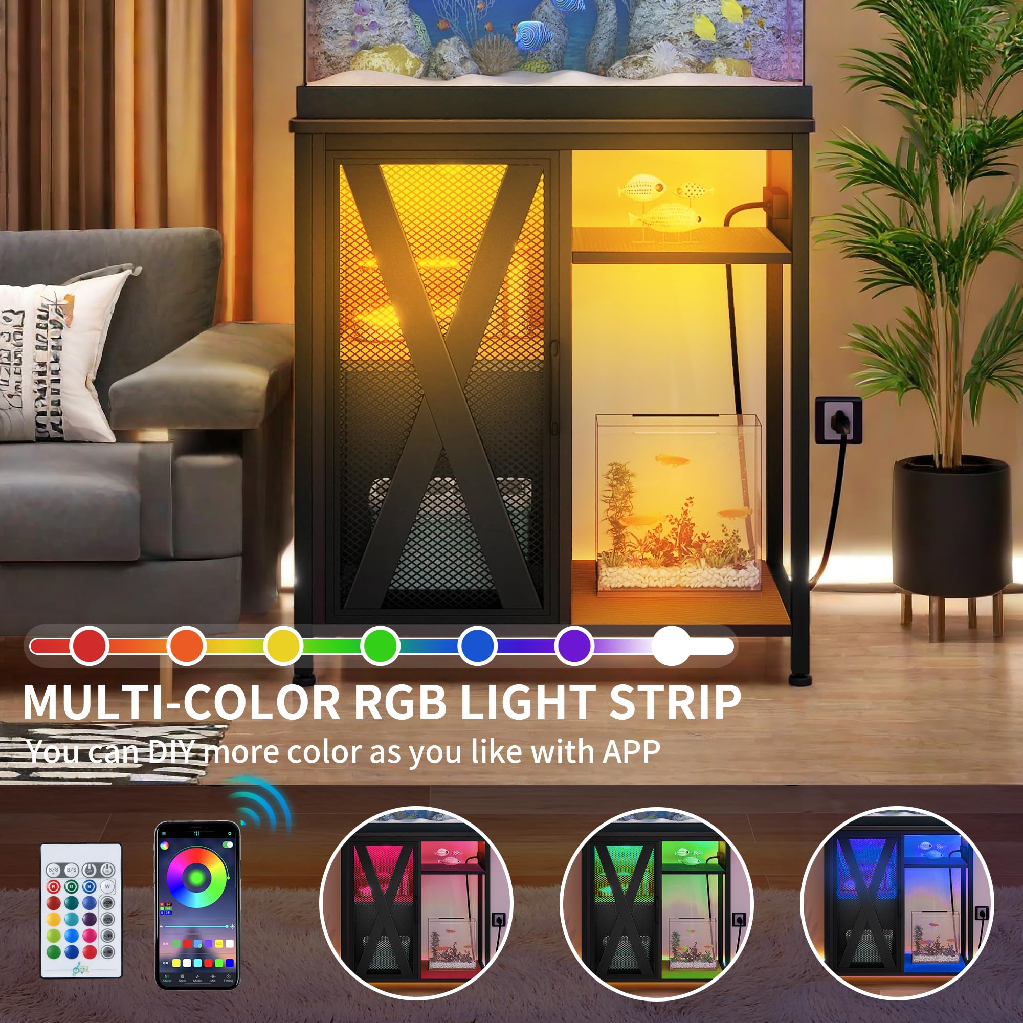 YITAHOME 20-29 Gallon Metal Aquarium Stand with Power Outlets & LED Light - Heavy Duty Fish Tank Stand with Storage Cabinet for Turtle Tanks, Reptile Terrariums - 350LBS Capacity, Black - Perfect for Home, Office & Pet Store Displays