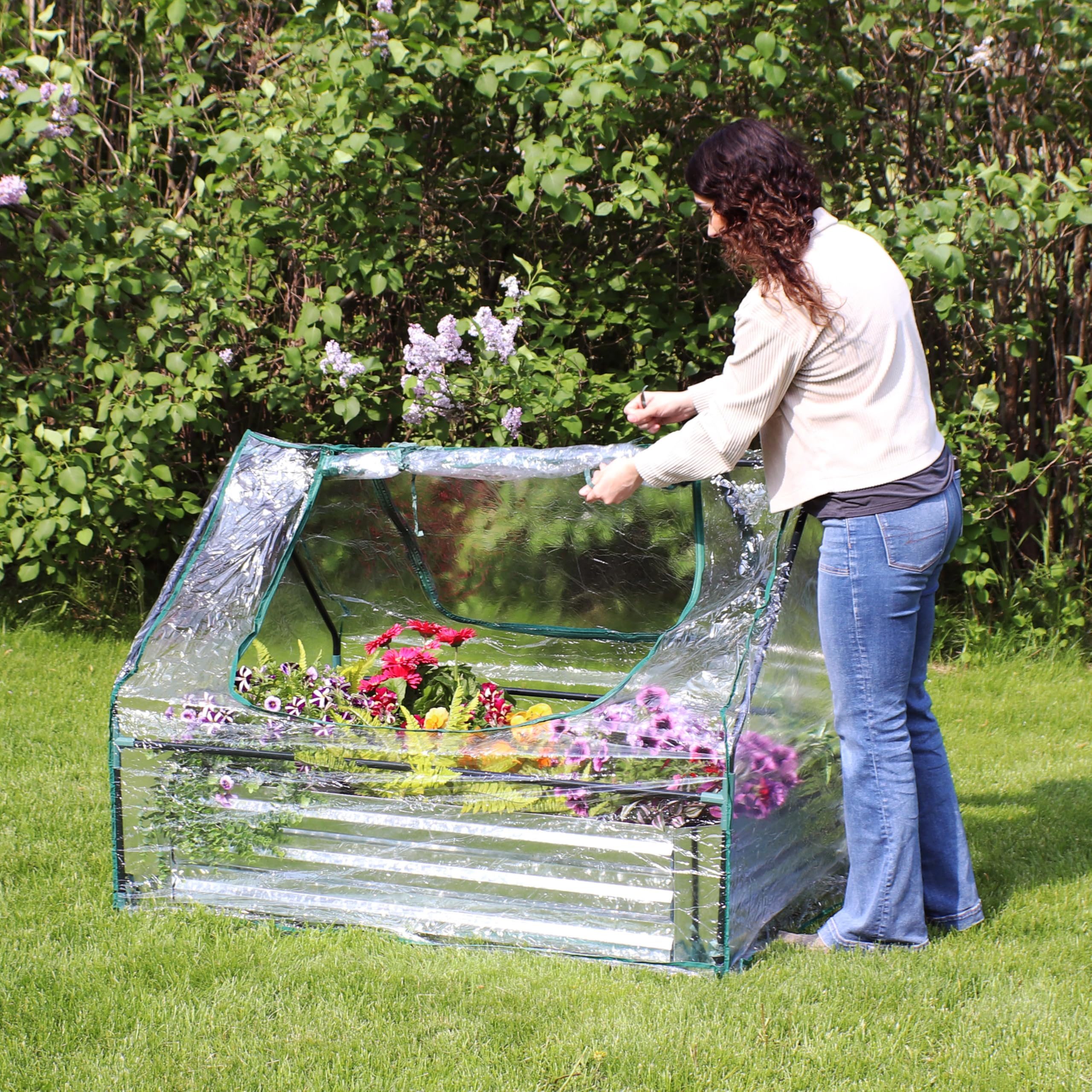 4' x 3' Sunnydaze Raised Garden Bed with Clear Cover - Outdoor Mini Greenhouse Kit with 2 Zippered Doors for Vegetables, Herbs & Flowers - Perfect for Patio, Backyard & Urban Gardening