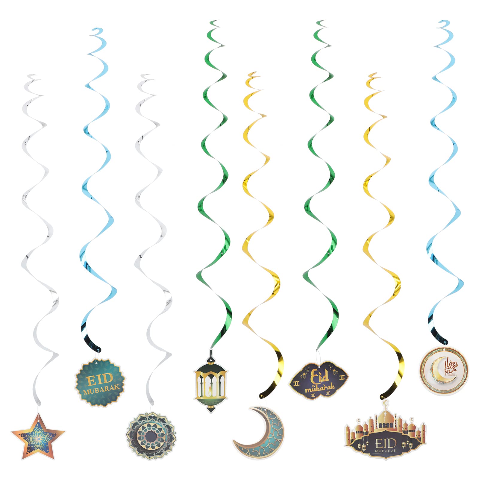 LUOZZY 8-Piece Eid Mubarak Banner Set - Creative Hanging Swirl Decorations for Ramadan & Islamic Festivals - Perfect for Muslim Party, Home & Mosque Decor