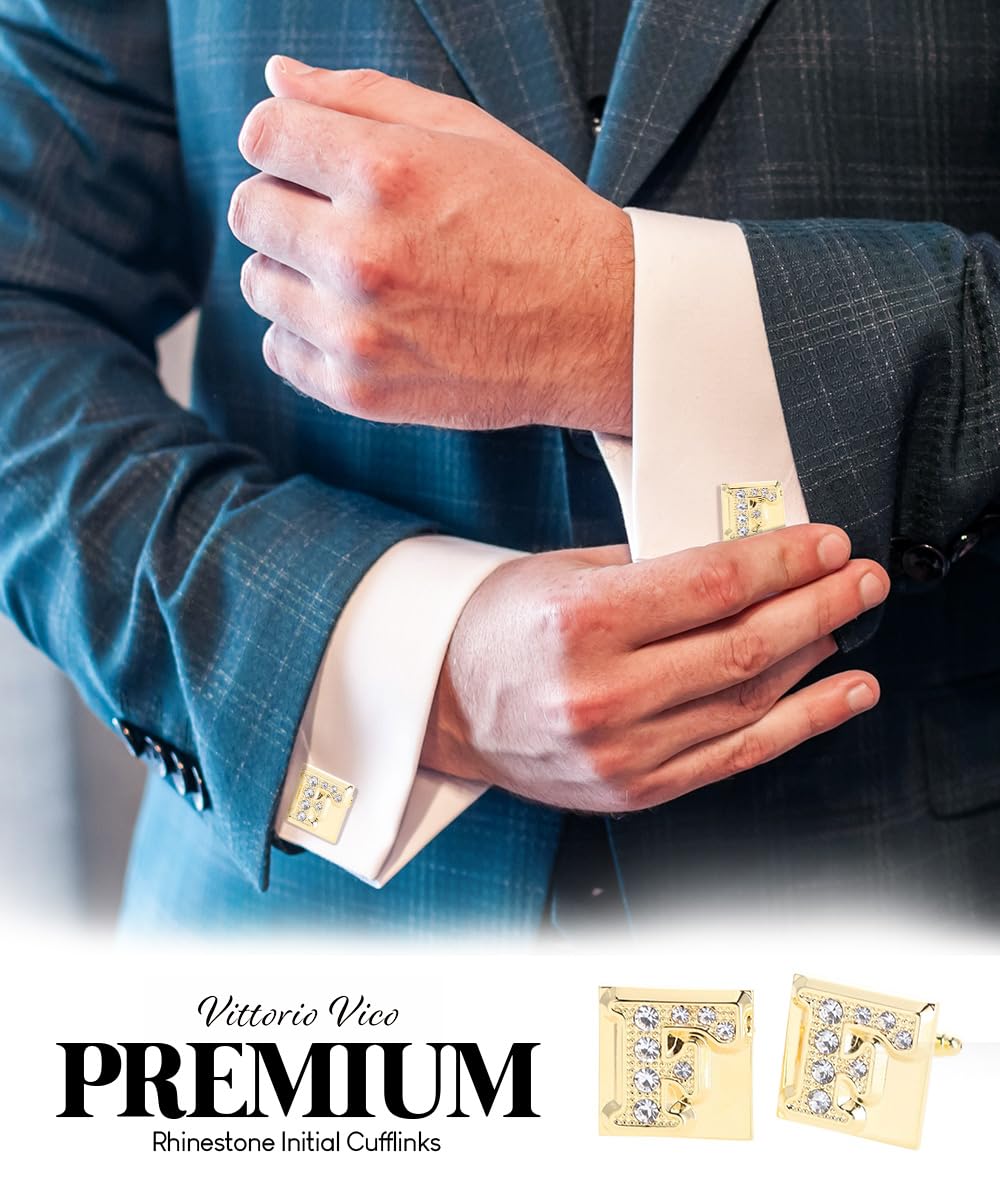 Personalized Rhinestone Initial Cufflinks for Men - Monogrammed A to Z Alphabet Cuff Links - Perfect for Weddings, Prom & Formal Events