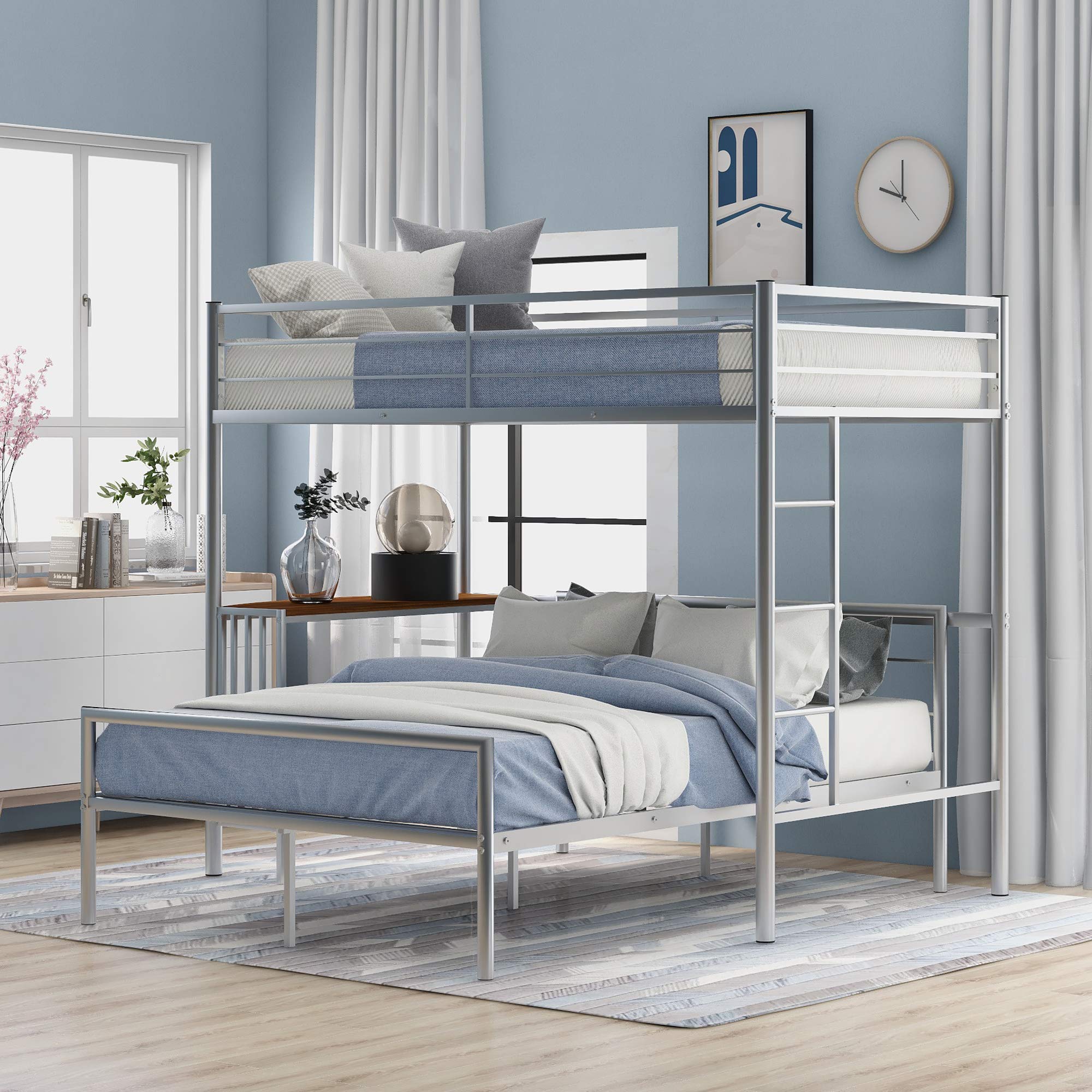 Rhomtree Twin Over Full Metal Bunk Bed with Built-in Desk - Space Saving Loft Bed with Ladders & Guardrails, No Box Spring Needed - Sturdy Home & Bedroom Furniture (Silver) | Perfect for Kids Rooms, Guest Rooms & Small Space Living