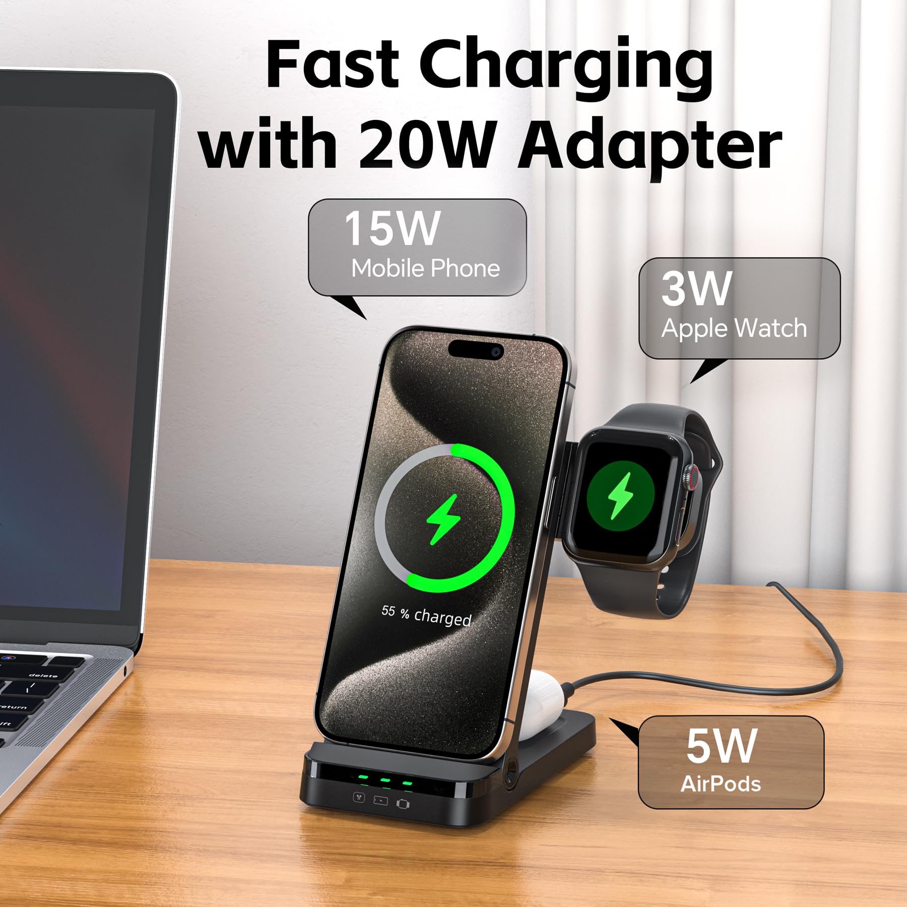 Tribone 3-in-1 Foldable Fast Wireless Charger for iPhone 16/15/14/13/12/11 Pro Max/XS/XR/8 Plus, Apple Watch 10/9/8/7/6/5/4/3/2/SE/Ultra & AirPods Pro 4/3/2 - Black | Multi-Device Charging Station for Home, Office & Travel