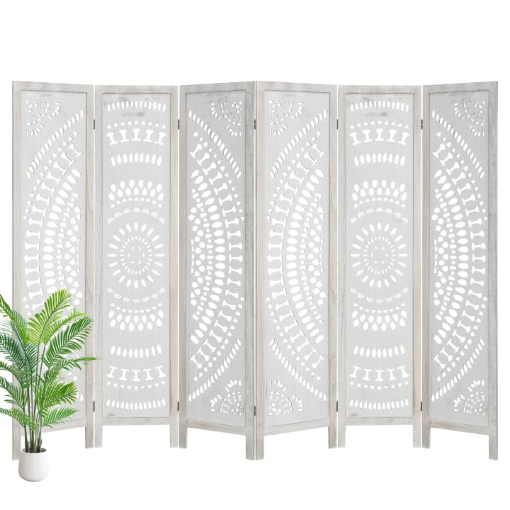 ECOMEX 6 Panel Folding Room Divider - Freestanding Privacy Screen with Carved Wood Design for Bedroom, Home Office, Apartment, Studio, Hotel, Restaurant, Garden & Terrace - Perfect for Creating Private Spaces & Room Partition (White)