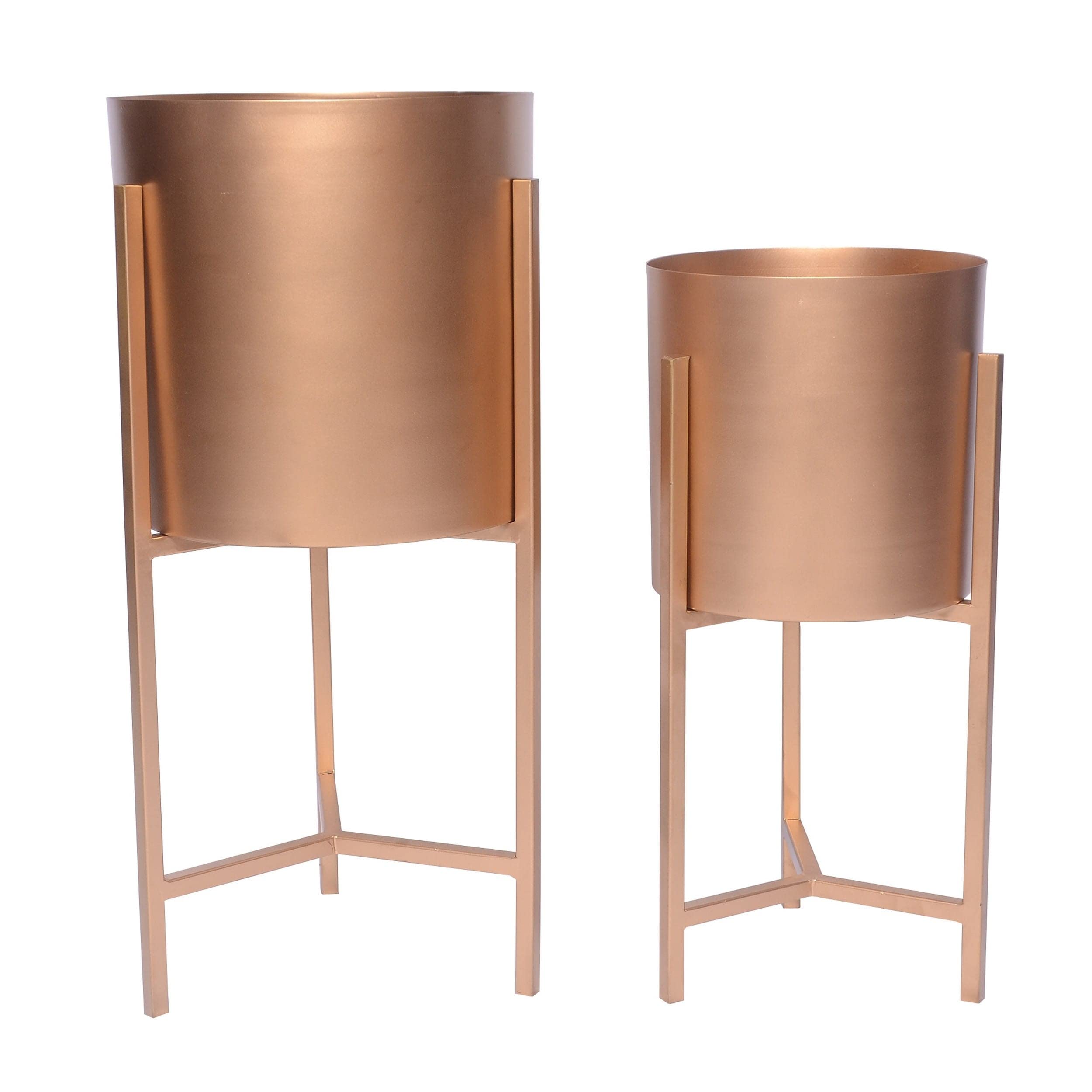 Modern Gold Iron Plant Stand Set of 2 - Round Tubular Metal Frame with Natural Finish for Indoor/Outdoor Home Decor - Perfect for Living Room, Patio, or Garden Plant Display