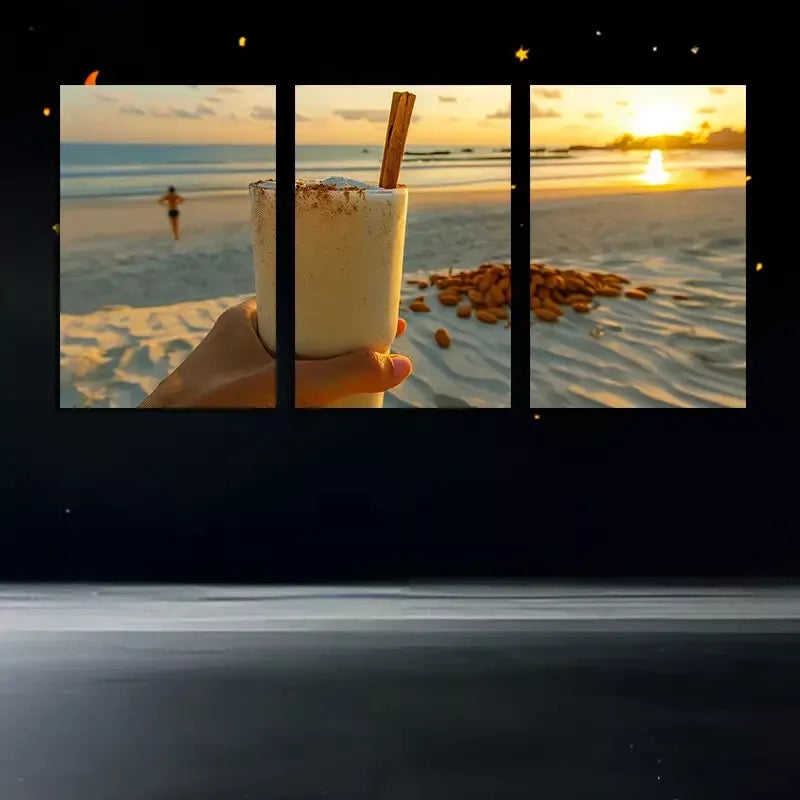 3-Piece Sunset Beach Wall Art Set with Drink & Vanilla Beans - Framed Canvas 50x70cm - High Quality Australian Made Print - Ready to Hang - Perfect for Living Room, Bedroom & Beach House Decor