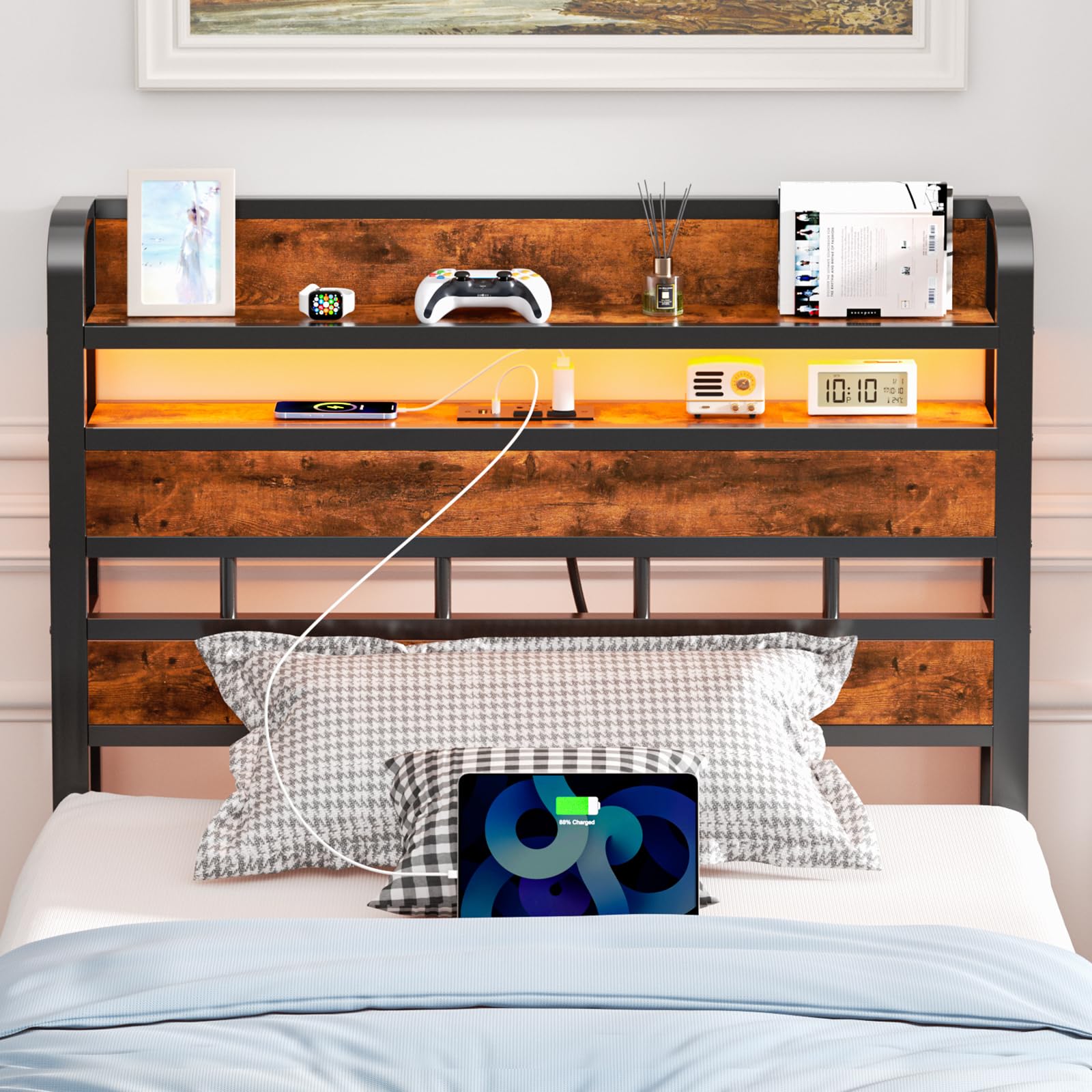 Twin Size Headboard with 2 Outlets & 2 USB Ports - Adjustable Charging Station & 2-Tier Storage Shelf - Rustic Brown Bed Headboard for Dorm, Bedroom, or Apartment - Sturdy & Functional Cabeceras de Cama