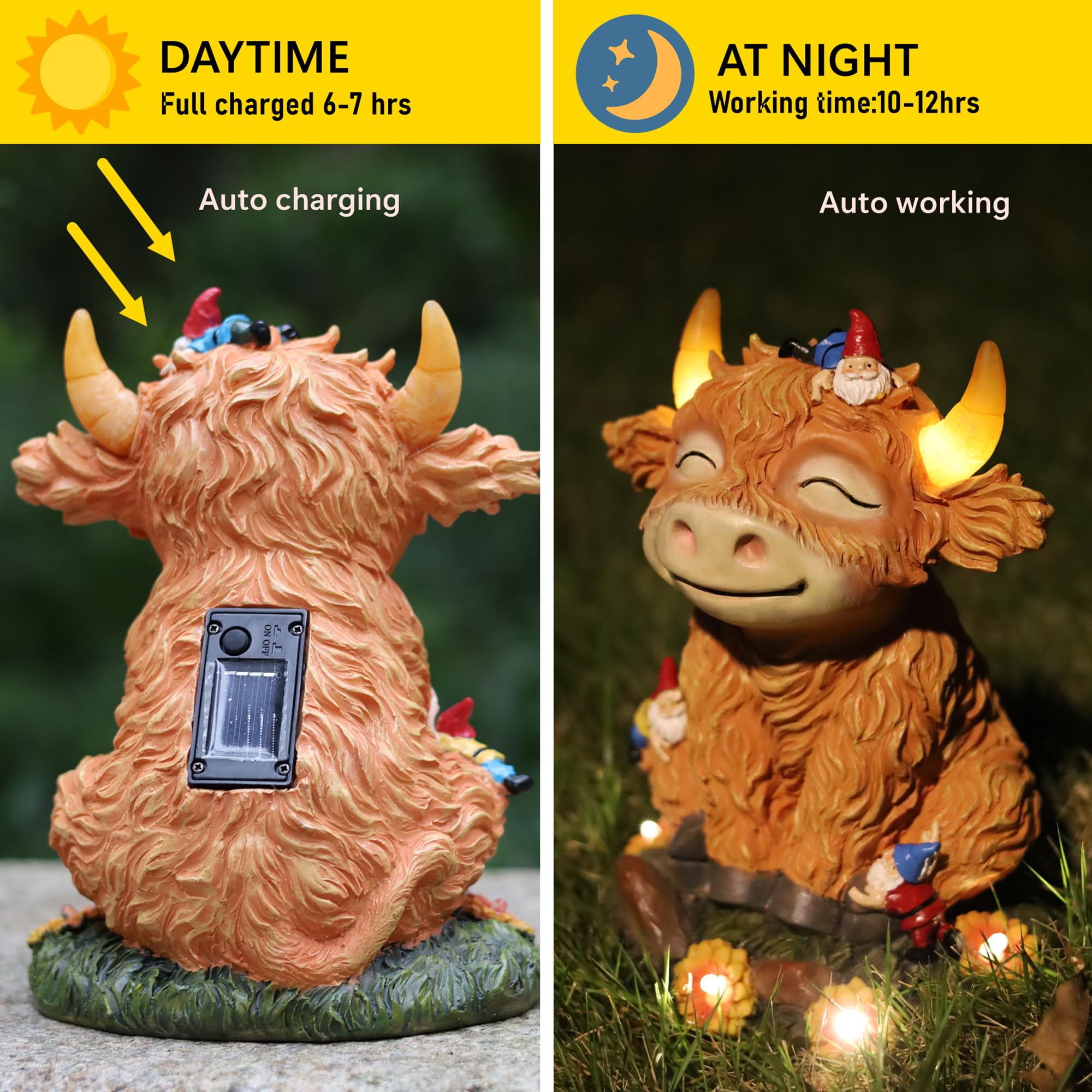 Solar-Powered Highland Cow Garden Statue with Funny Gnomes - Outdoor Decor for Yard, Patio & Lawn - Perfect Christmas & Housewarming Gift for Women, Mom & Grandma - Ideal for Garden Decor, Backyard Parties & Holiday Displays