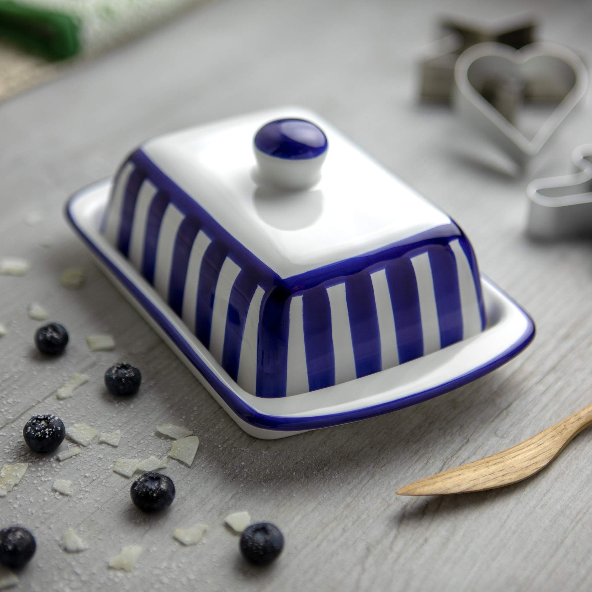 Handmade Dark Navy Blue Stripe Ceramic Kitchen Set of 10 - Canisters, Butter Dish, Egg Cups, Salt & Pepper Shakers, Spoon Rest | Perfect for Farmhouse Decor, Rustic Kitchen Storage & Housewarming Gifts