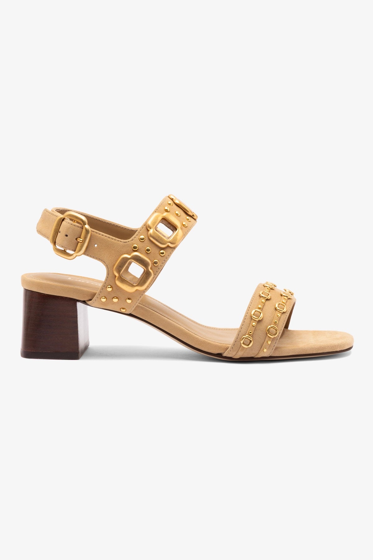 Milan Studs Block Heel Sandals for Women - Peanut Suede Comfortable Chunky Heel Shoes for Casual Outfits & Summer Wear
