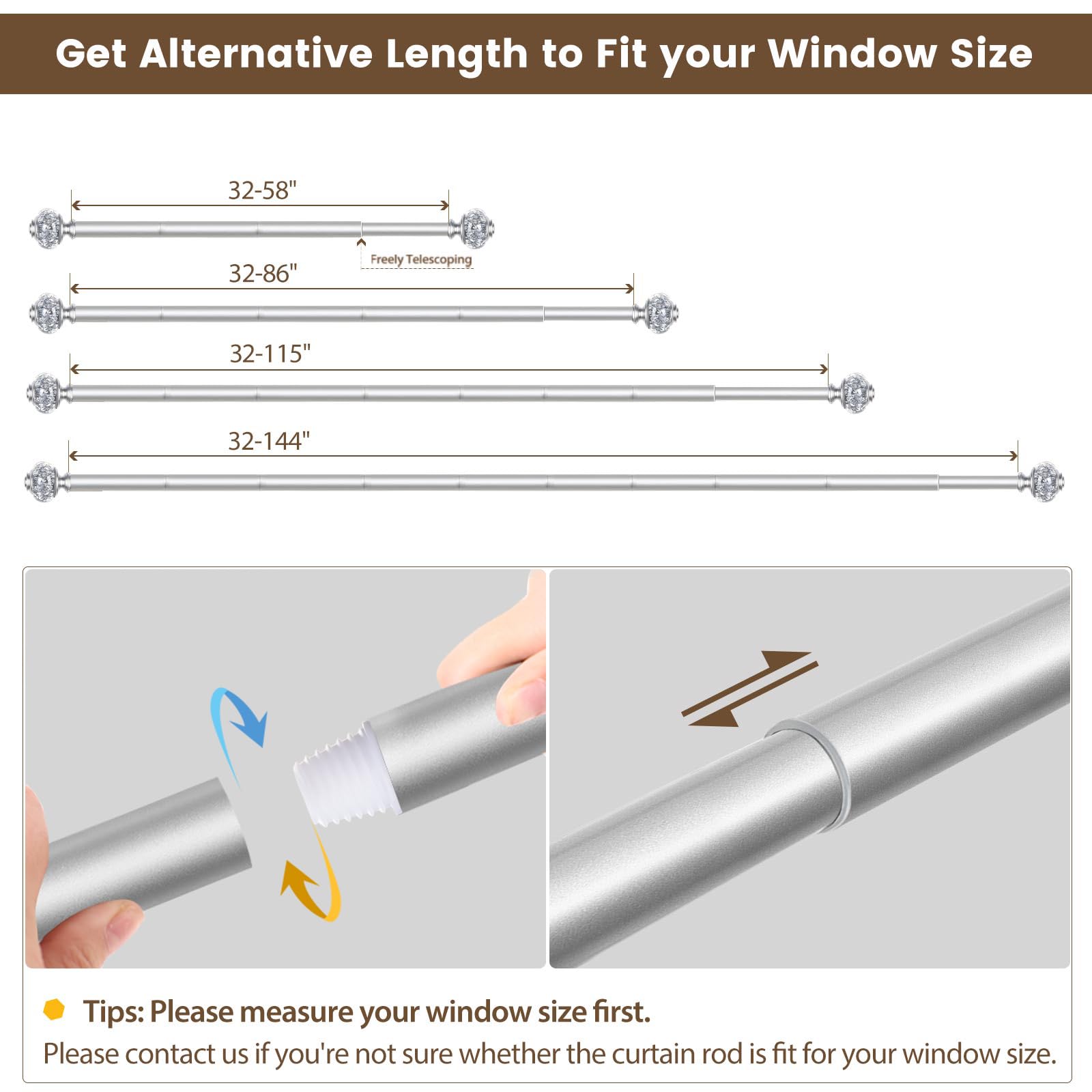 2 Pack Adjustable Telescoping Curtain Rods 32-58 Inches (2.6-4.8ft) - 7/8 Inch Silver Decorative Window Drapery Rods with Translucent Finials for Living Room, Bedroom & Home Decor