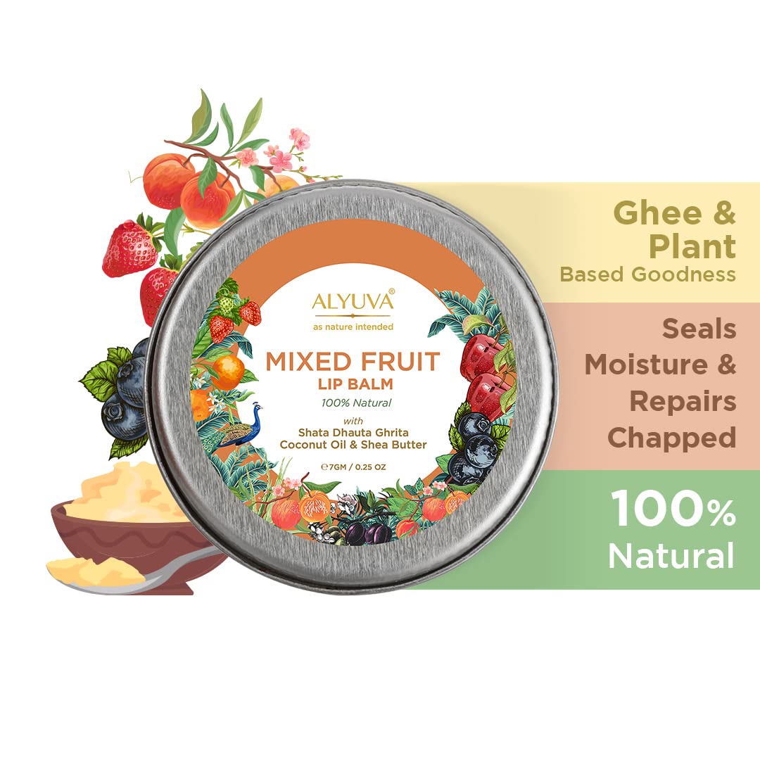 Alyuva Combo - 100% Natural Strawberry & Mixed Fruit Lip Balms Enriched with Ghee, 7g Each | Hydrating & Nourishing for Dry Lips | Perfect for Daily Use, Travel & Gifts