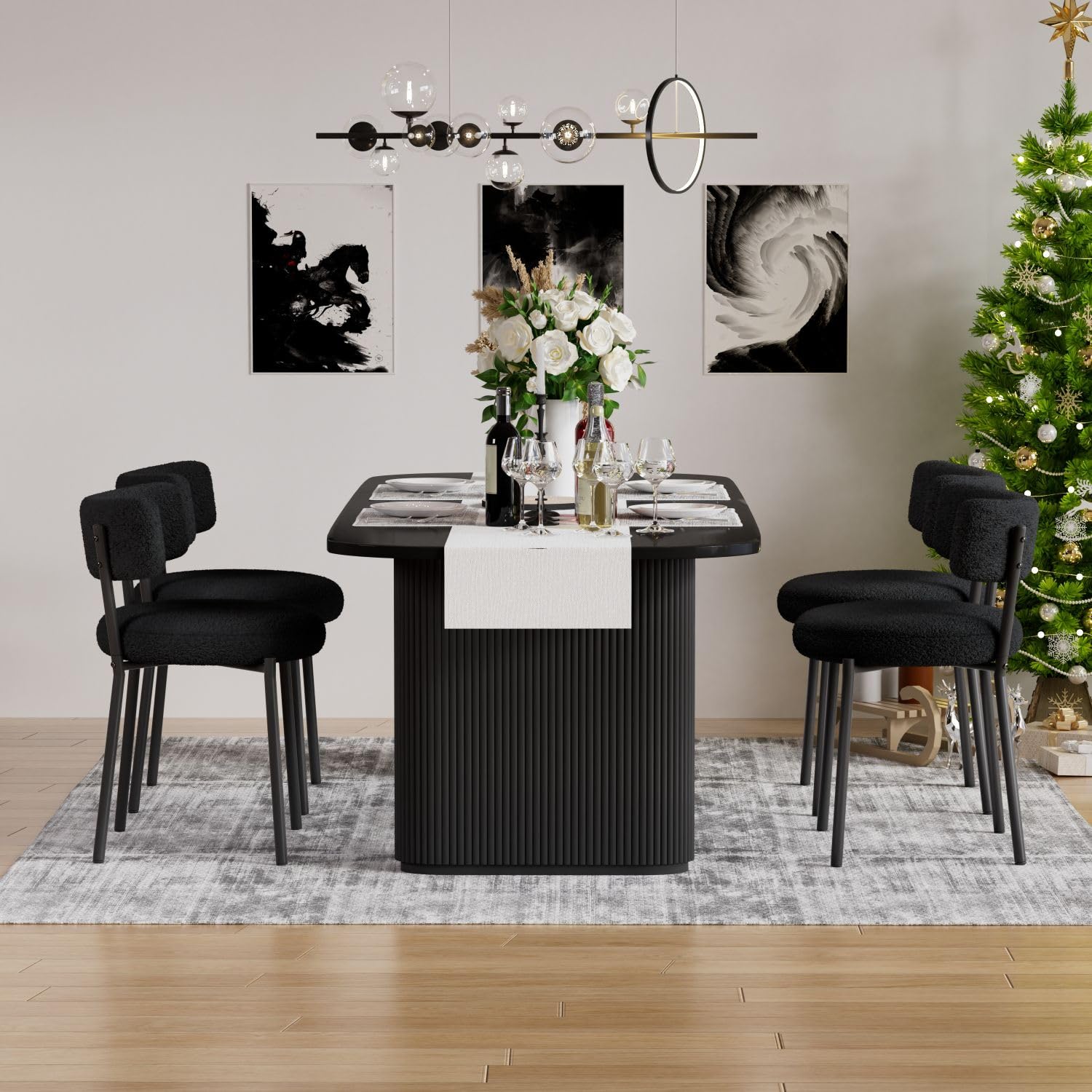 Modern Dining Chairs Set of 4 - Round Upholstered Boucle Sherpa Kitchen Chairs with Curved Backrest & Black Metal Legs | Mid-Century Style for Dining Room, Breakfast Nook & Small Space Decor