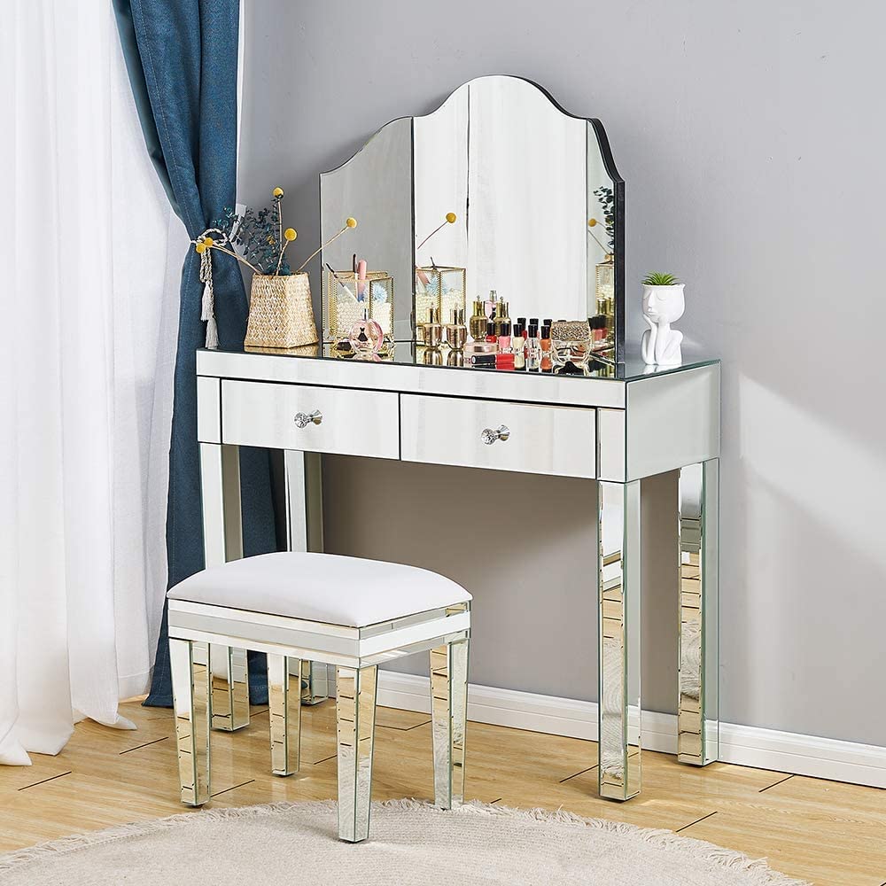 Silver Mirrored Console Table with 2 Drawers - 39