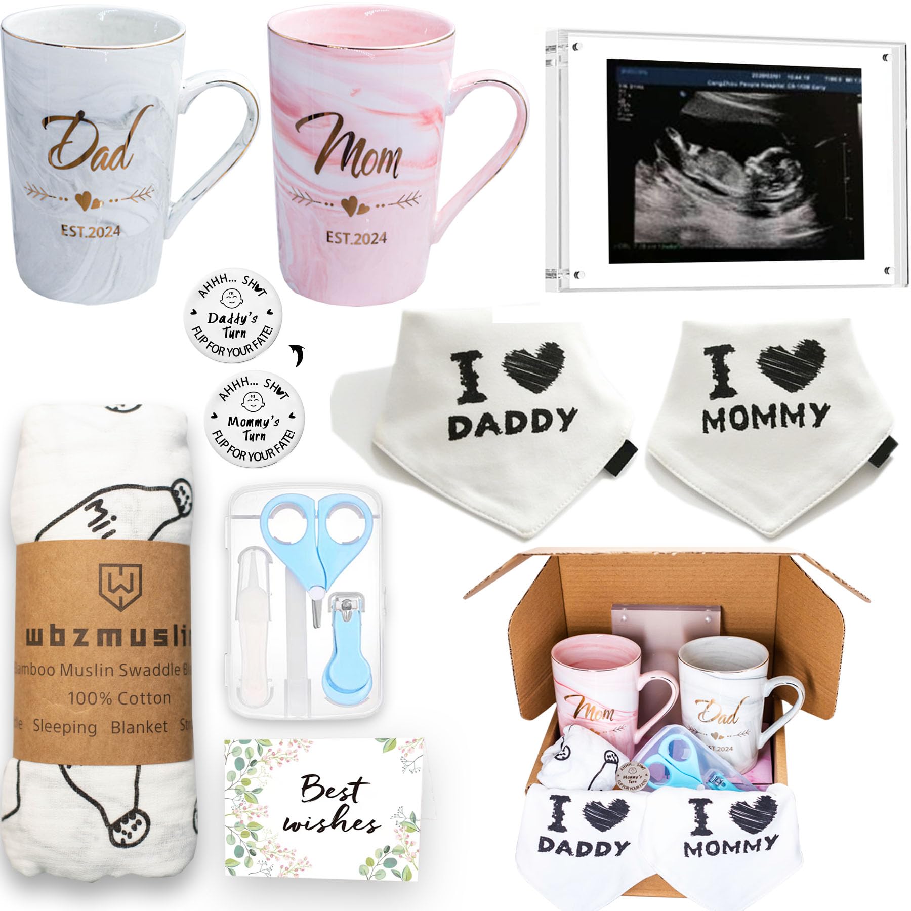 Pregnancy Gift Basket for New Parents - Baby Shower & Gender Reveal Gifts Set with Mugs, Ultrasound Frame, Decision Coin, Nail Kit, Bibs & Swaddle - Perfect First Time Mom & Dad Gifts EST 2024 | Ideal for Baby Announcements, Newborn Celebrations and Parenting Milestones