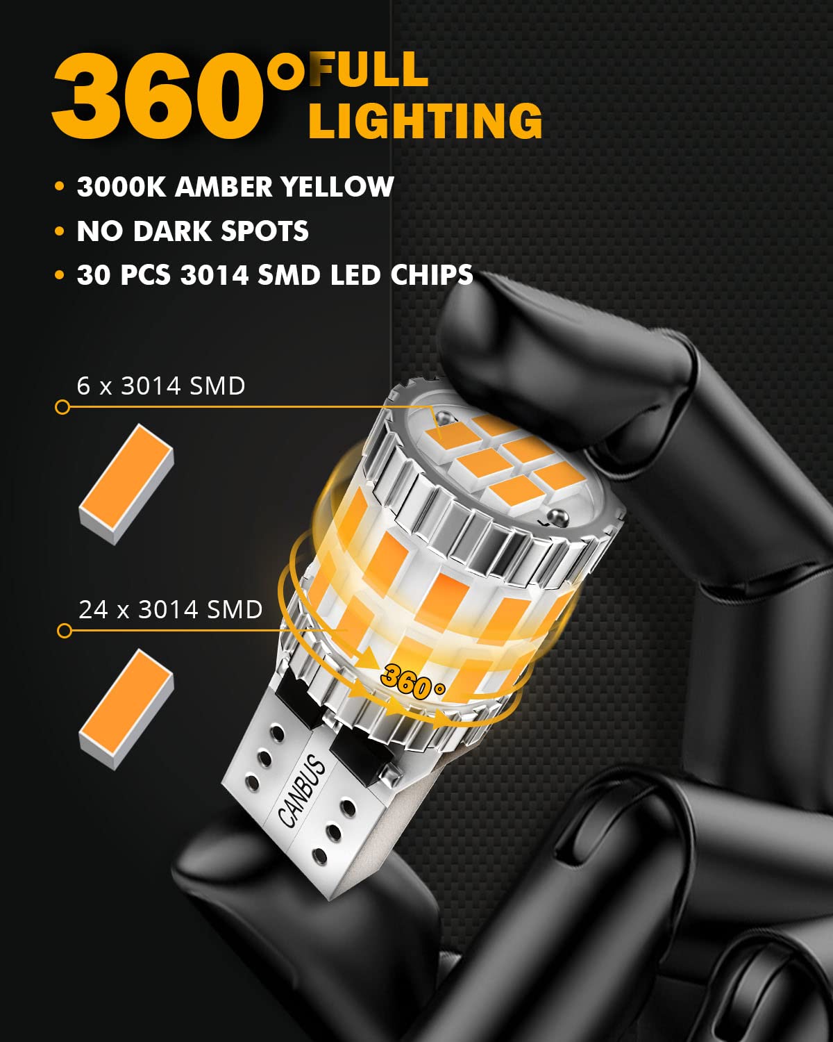 Upgraded 194 LED Bulbs Amber Yellow - 400% Brighter Extremely Bright Canbus Error Free 168 2825 T10 W5W LED Light Bulbs for License Plate Lights, Interior Lights, Dome Map Light (30-SMD, 2PCS) - Perfect for Car Interior Lighting, Motorcycle Accents & DIY Projects