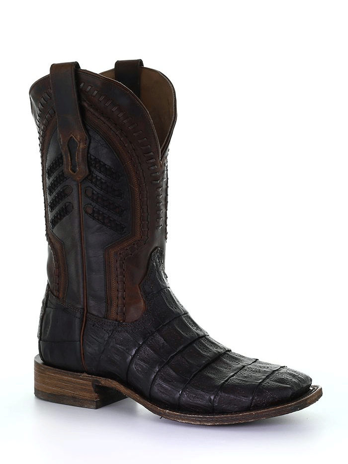 Men's Corral A3878 Square Toe Caiman Boots - Oil Brown with Embroidery & Woven Design | Western Cowboy Boots for Rodeo, Country Dancing & Casual Wear