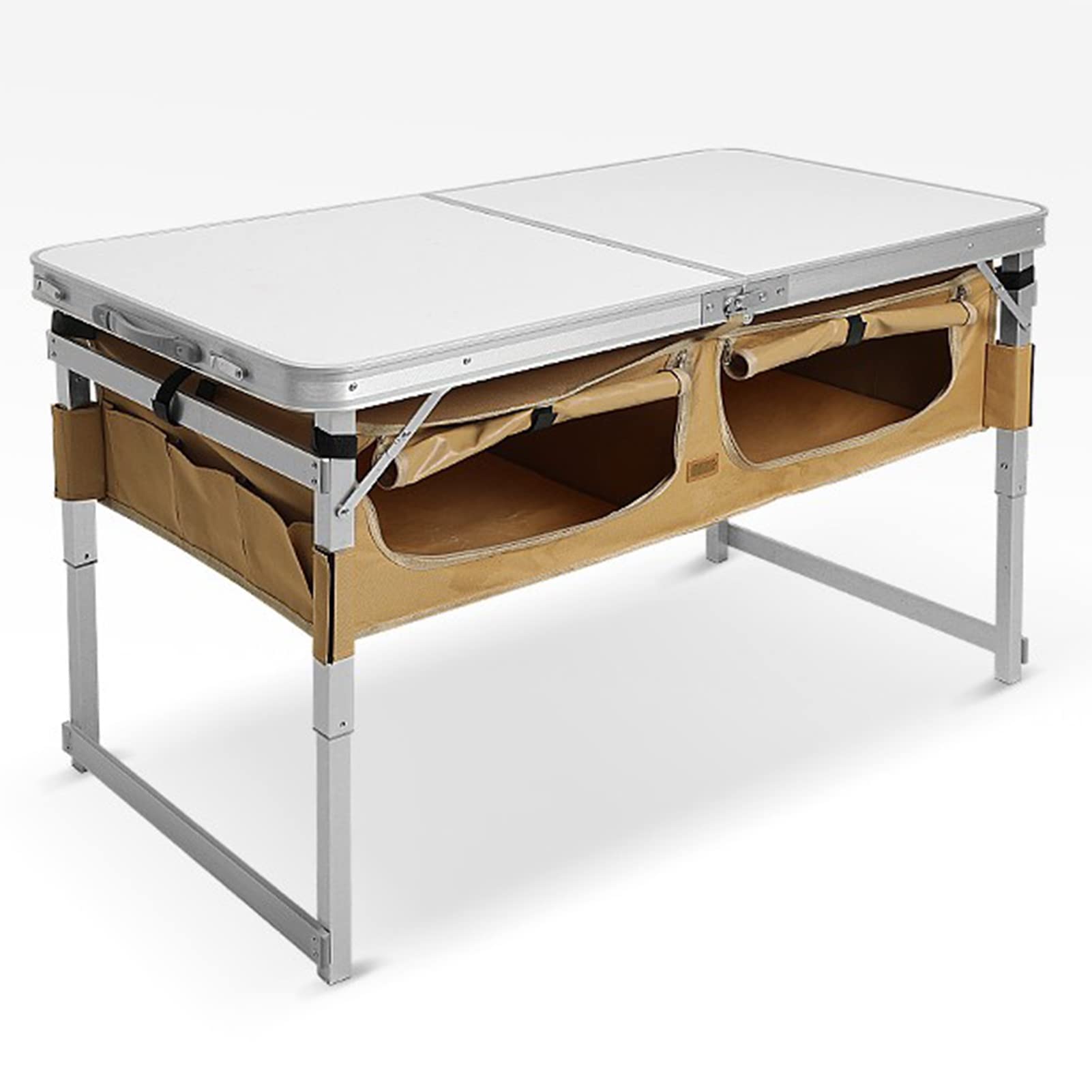 Portable Folding Camping Table - Lightweight Aluminum Adjustable Height with Storage - Indoor Outdoor Picnic Table for Camping, Tailgating, Backyard Parties, Beach & RV Travel (White)
