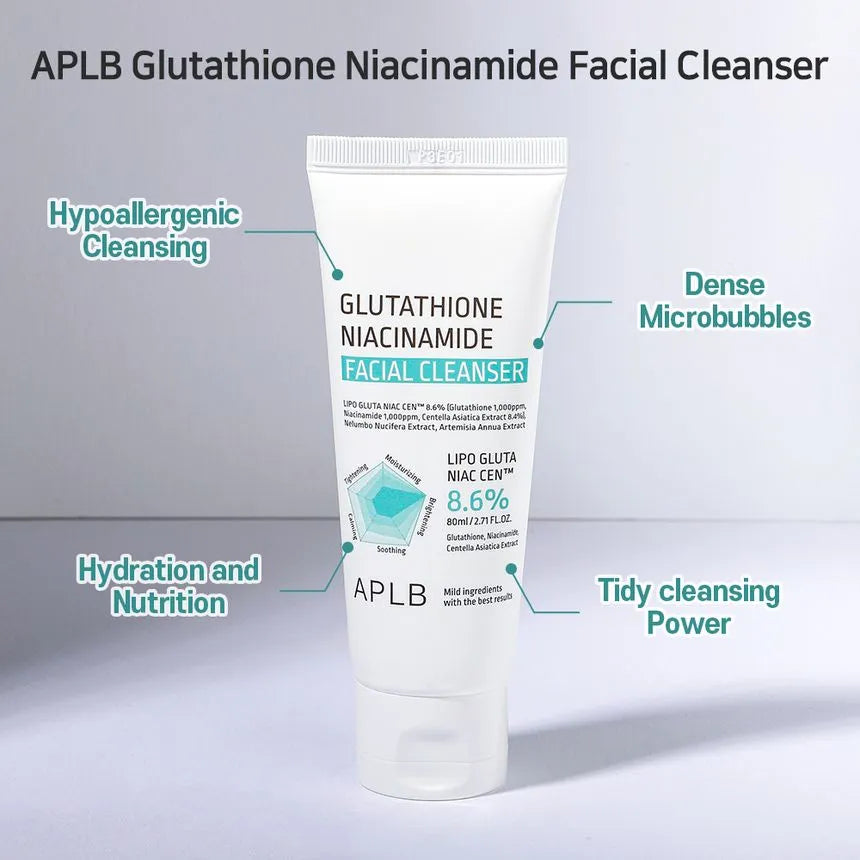 APLB Glutathione & Niacinamide Facial Cleanser 80ml - Brightening & Hydrating Face Wash for Acne, Dark Spots & Dull Skin - Perfect for Morning & Night Skincare Routine