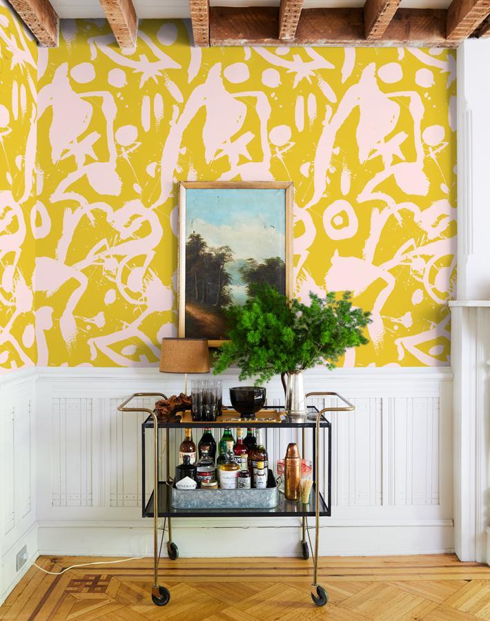 Chris Benz 'El Quijote' Pink and Yellow Wallpaper - Modern Floral Peel & Stick Wallpaper for Living Room, Bedroom, or Nursery Decor
