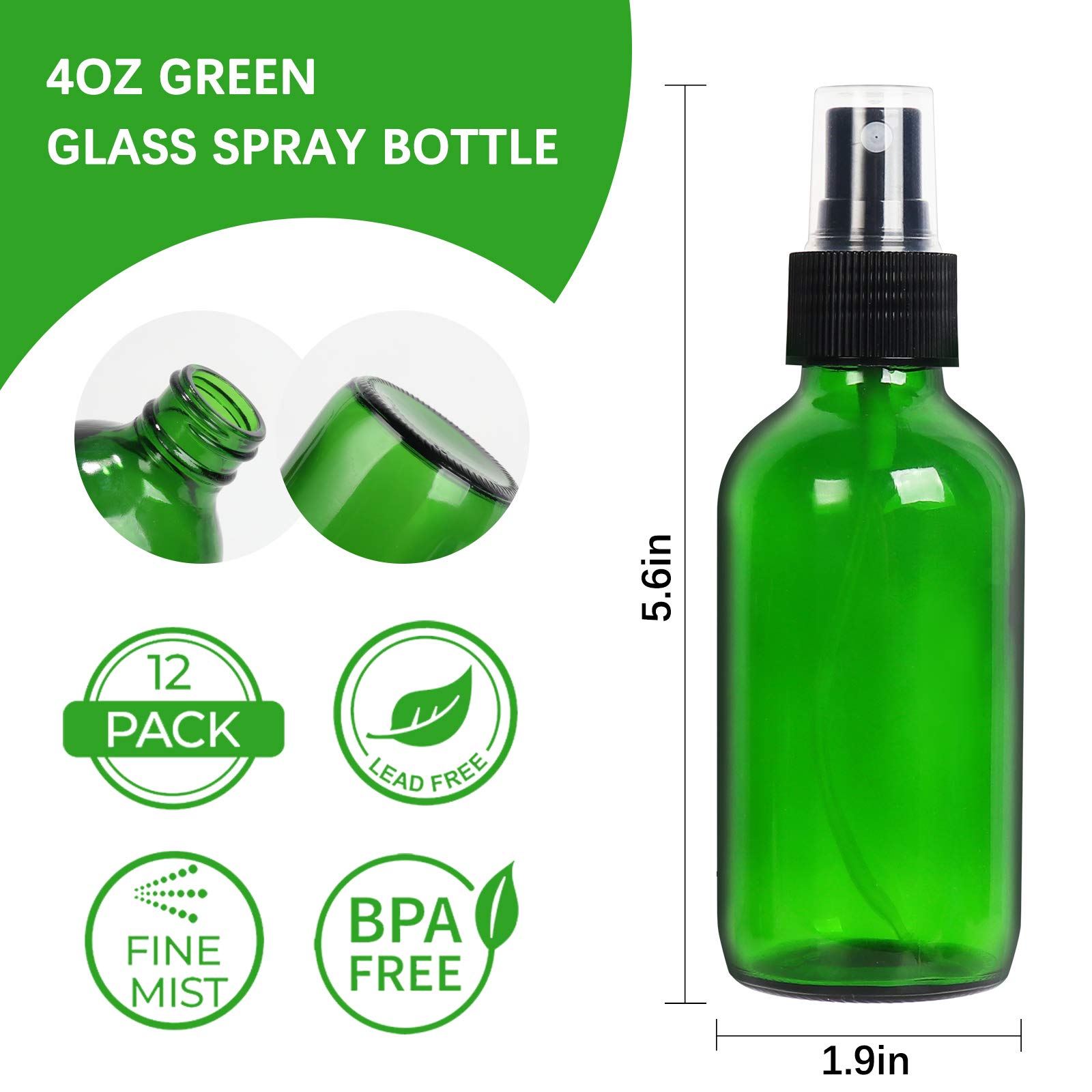 STARSIDE 12 Pack 4oz (120ml) Green Glass Spray Bottles with Fine Mist Nozzle & Dust Cap - Essential Oil Bottles, Perfume Atomizer, Cleaning Solution Sprayer - Includes 1 Brush, 2 Funnels, 2 Droppers & 18 Labels - Perfect for DIY Beauty, Aromatherapy & Home Cleaning