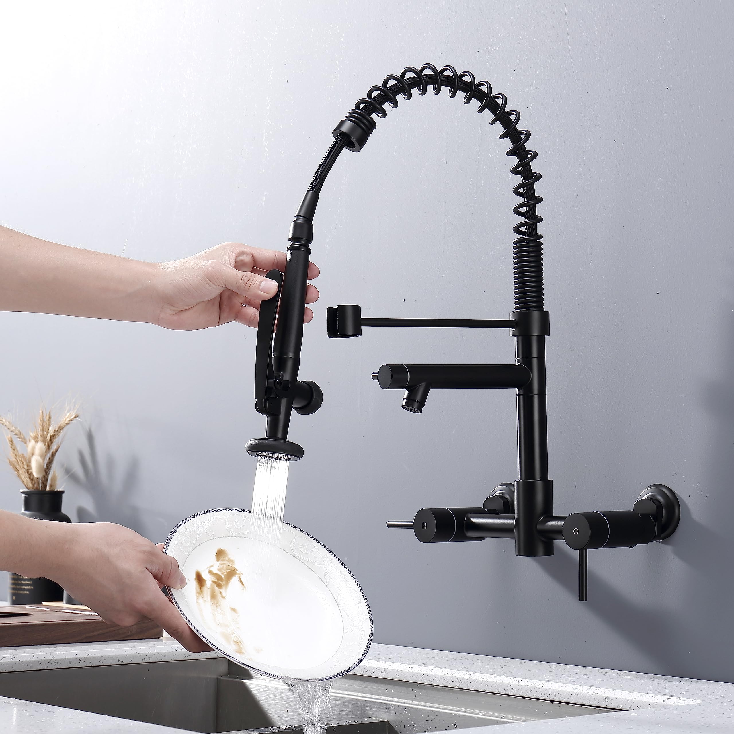 **8 Inch Wall Mount Kitchen Faucet with Pre-Rinse Sprayer & Pot Filler - High Arch Spring 2 Handle Commercial Faucet in Black - Perfect for Restaurants, Food Trucks & Home Kitchens**
