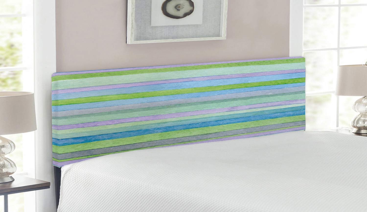 Ambesonne Blue Headboard - Hand Drawn Watercolor Striped Pattern, Soft Acrylic Paint Art Upholstered Metal Bed Frame with Memory Foam (Queen Size, Blue Green Violet) | Perfect for Modern Bedroom Decor & Guest Room Styling