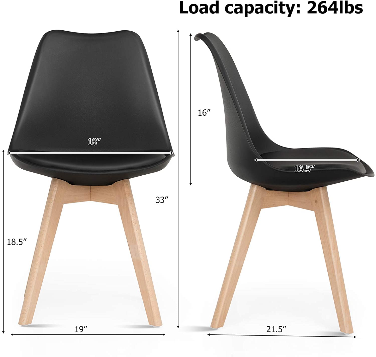 Scandinavian Modern Dining Chairs Set of 4 - Solid Beech Wood Legs & Padded Seat - Black Accent Chairs for Kitchen, Dining Room or Breakfast Nook