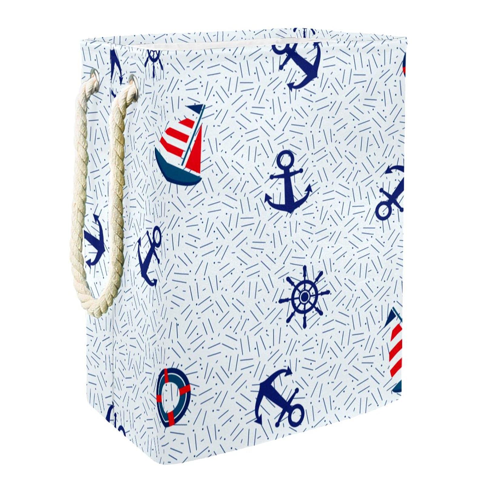 Foldable Laundry Hamper with Handles - Detachable Storage Bin for Clothes, Bathroom Organizer & Kids Toy Storage | Perfect for Laundry Room, Nursery, Dorm & Beach Trips - Ocean Anchor Sailboat Compass Design