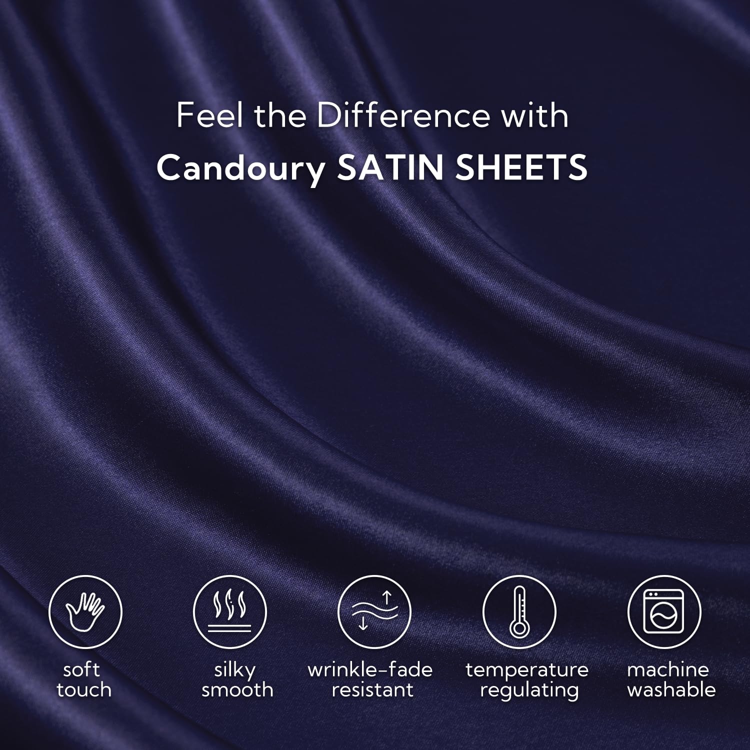 Luxury Candoury Satin Sheets 6-Piece Queen Bedding Set - Soft Silky Pillowcases, Flat & Fitted Sheets - Hotel Quality Navy Blue Bed Sheets for Ultimate Comfort | Perfect for Master Bedrooms, Guest Rooms & Luxury Hotels