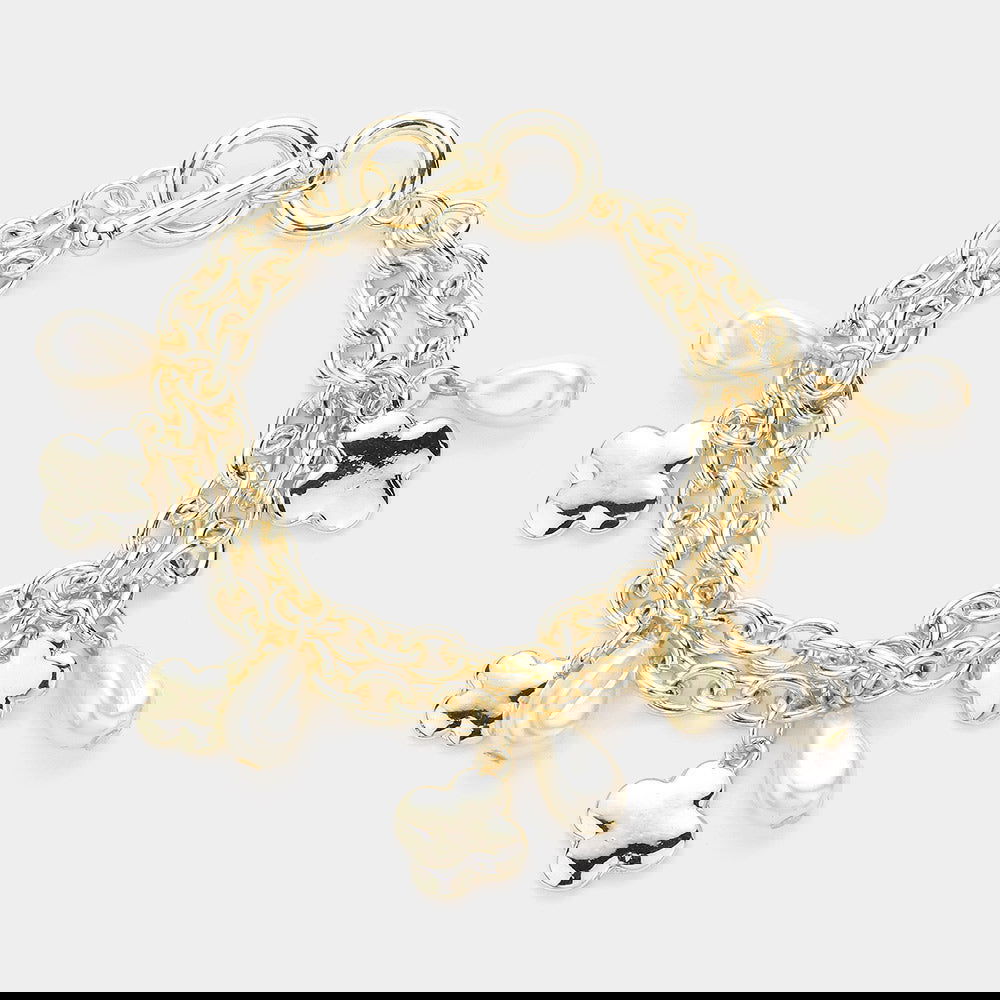 Elegant Pearl Metal Quatrefoil Charm Layered Toggle Bracelet for Women - Perfect for Weddings, Parties & Everyday Wear
