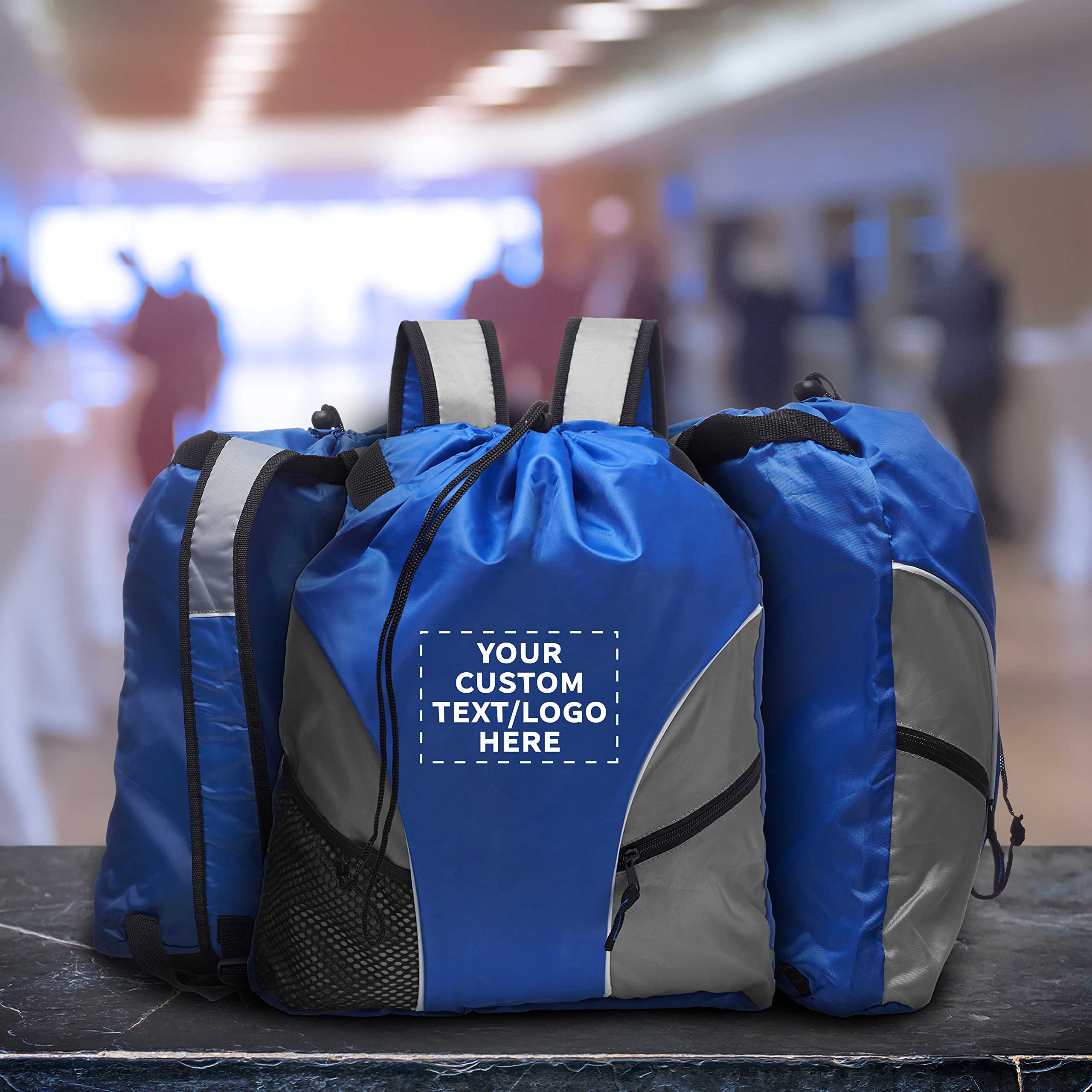 Custom Sporter Drawstring Backpacks - Set of 24 Bulk Pack | Personalized Cinch Bags, Gym & Travel Backpacks | Lightweight Unisex Backpack in Blue | Perfect for Sports, School, Travel & Outdoor Activities