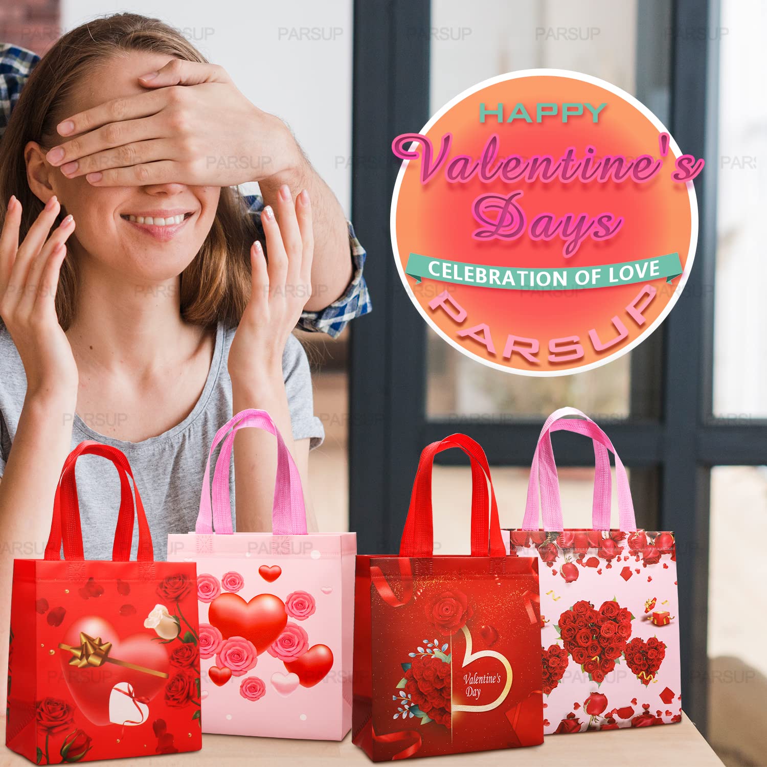 8PCS Valentine's Day Reusable Gift Bags with Handles - Non-Woven Party Favor Bags for Candy, Treats & Gifts (8.7×9.2×4.3inch) - Perfect for Valentine's Parties, Classroom Exchanges & Wedding Favors