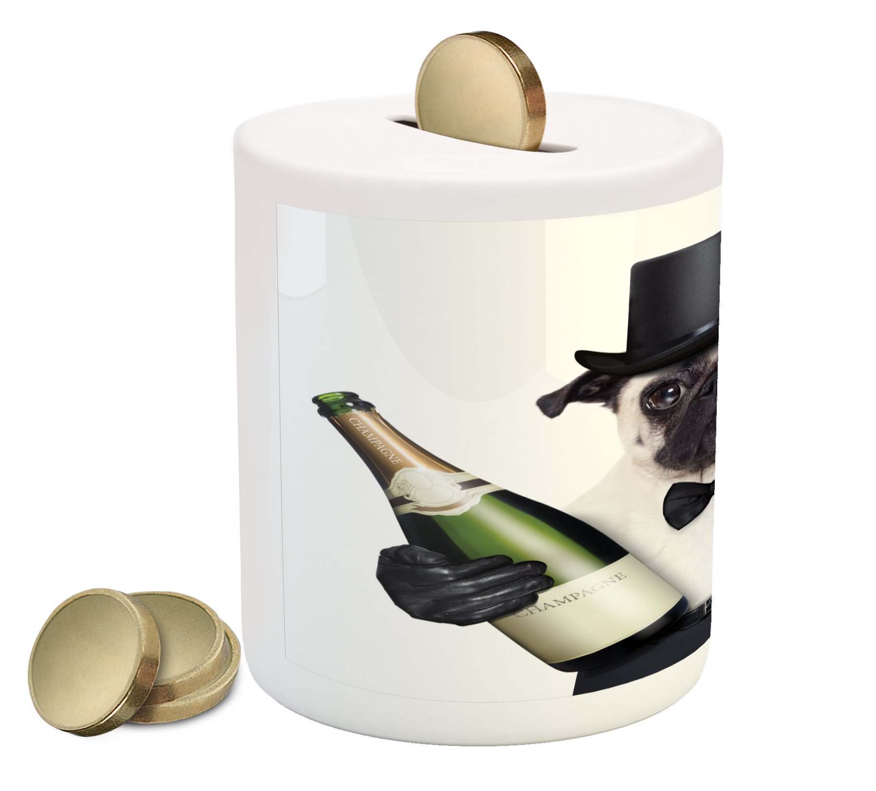 Ambesonne Pug Piggy Bank - Ceramic Coin Bank for Cash Savings | Printed Celebration Dog with Champagne Bottle Design in Black, White & Emerald | Perfect Gift for Dog Lovers, Birthday Parties & Home Decor
