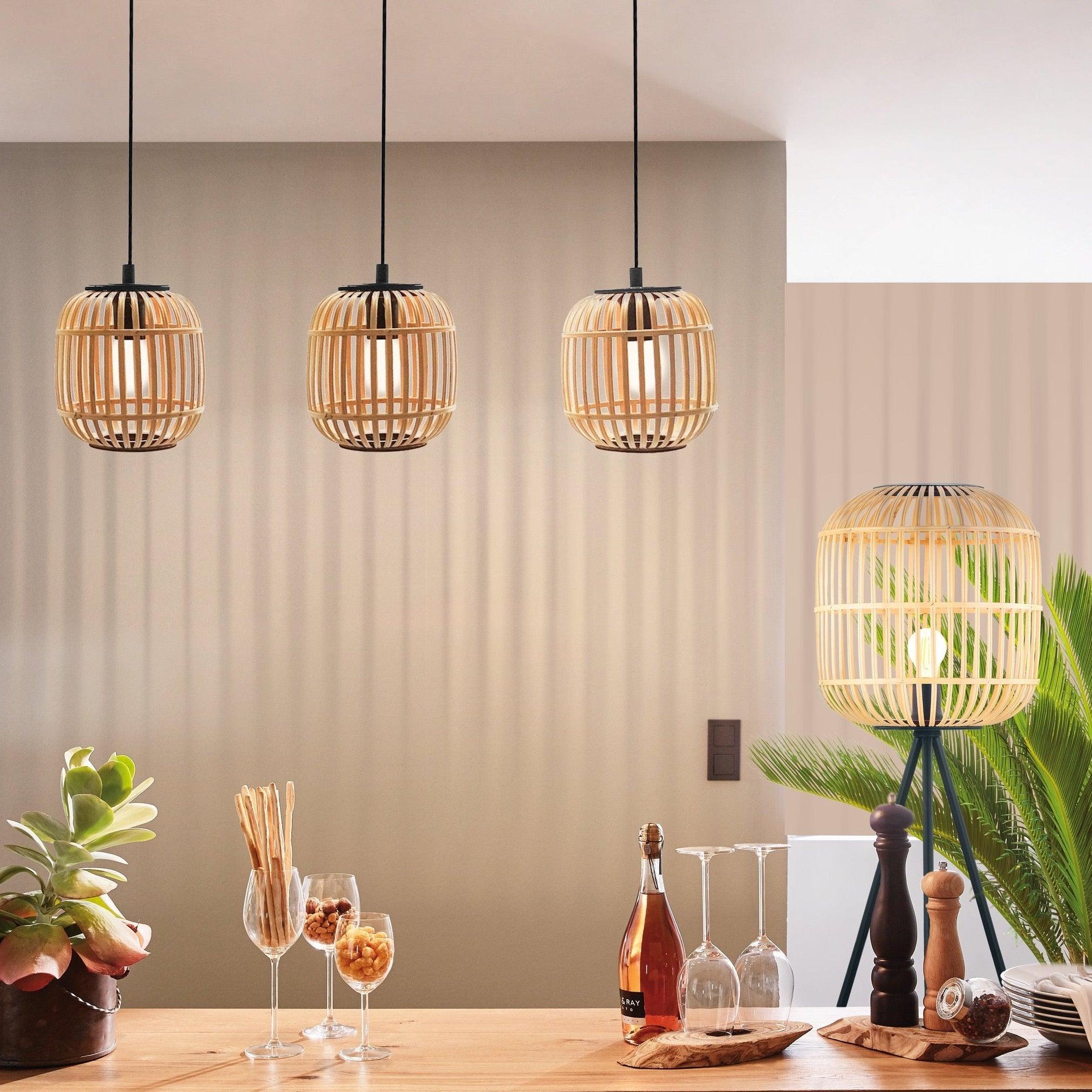 Eglo Bordesley 3-Light Bamboo Shaded Ceiling Pendant Light Fixture - Modern Farmhouse Kitchen Island Lighting, Dining Room Chandelier, Bar Lighting