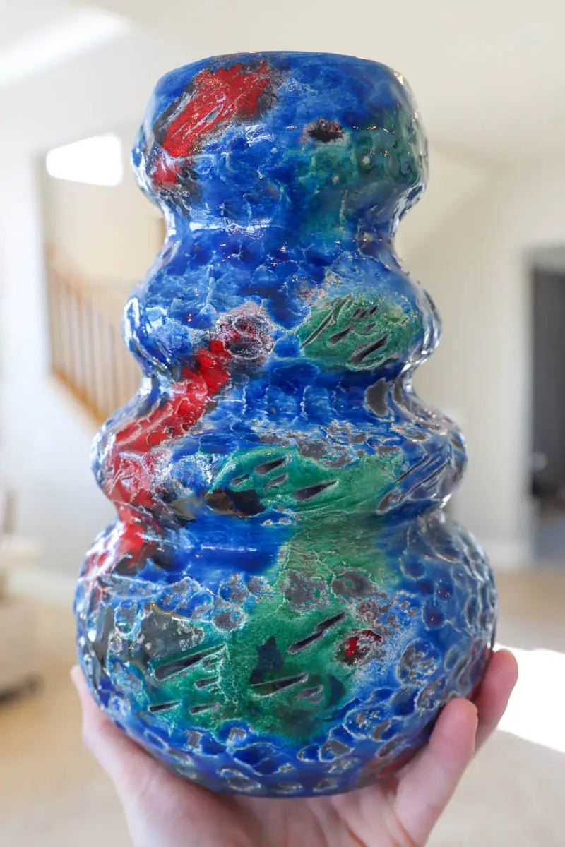 XL Raku Fired Decorative Indian Pot - Vibrant Handmade Ceramic Vase in Blues, Reds & Greens - Perfect for Home Decor, Wedding Centerpieces & Boho Style Interiors