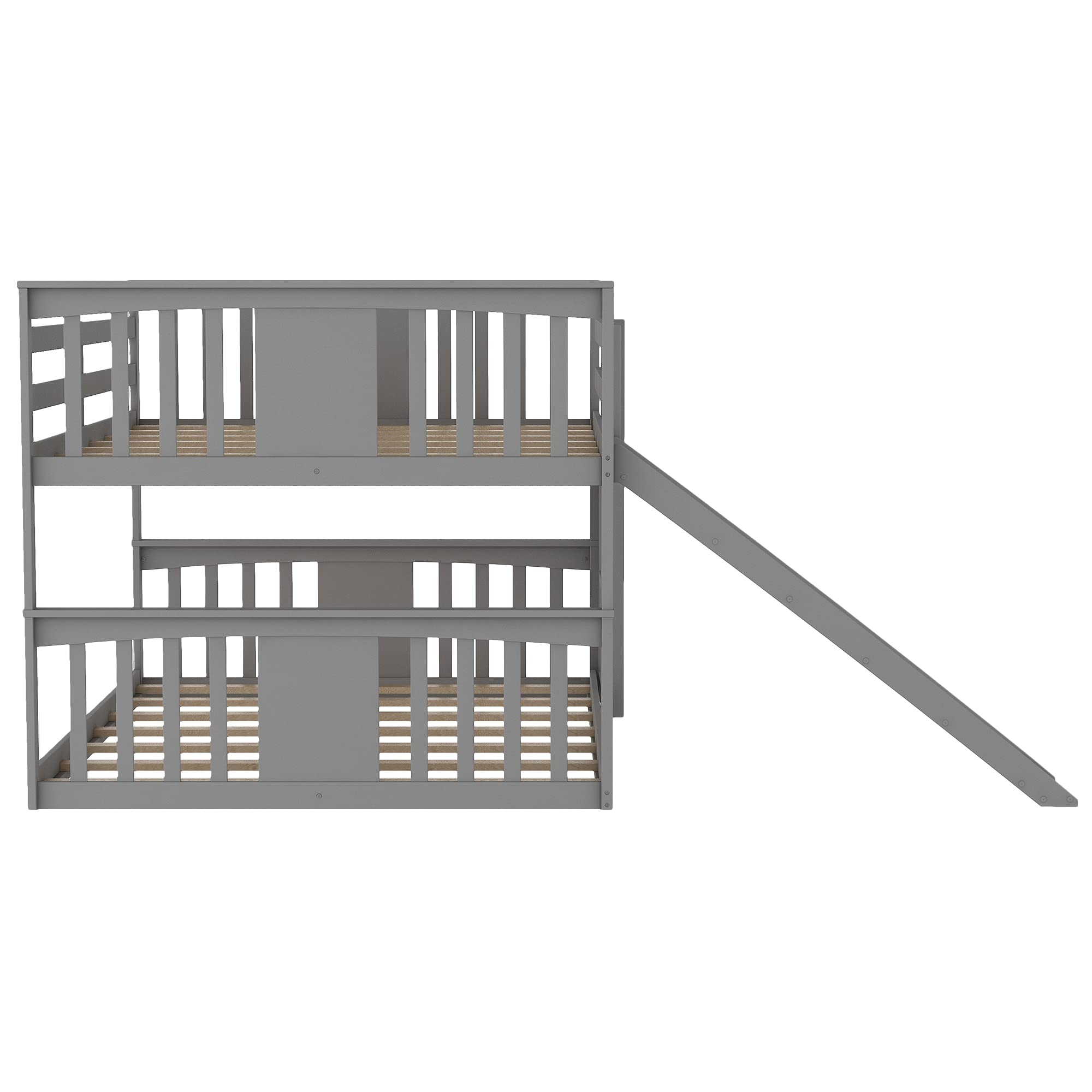 **Harper & Bright Designs Full Over Full Bunk Bed with Slide - Solid Wood Low Bunk Bed Frame with Ladder & Guard Rail - Kids & Teens Floor Bunk Beds (Grey) - Perfect for Small Rooms, Shared Kids' Bedrooms & Sleepovers**