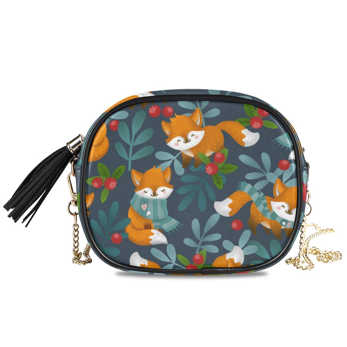 ALAZA PU Leather Small Crossbody Bag for Women - Cute Fox & Berry Print Wallet Purse with Adjustable Chain Strap & Multi Pocket - Perfect for Christmas Gifts, Winter Fashion & Everyday Use