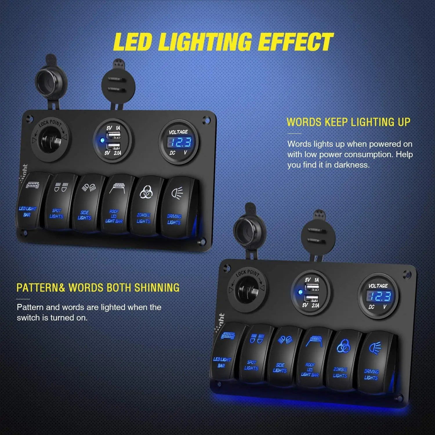 6 Gang Aluminum Laser Rocker Switch Panel with Cigarette Lighter, Dual USB Ports and Voltmeter - Perfect for Car, Boat, RV & Off-Road Vehicle Customization