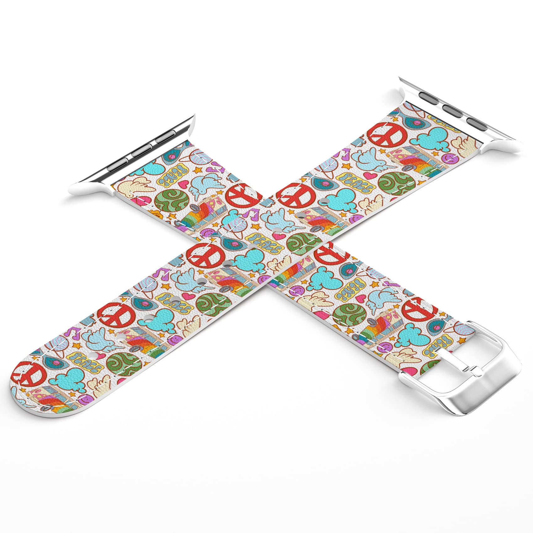 Retro Flower Print PU Leather Wristband for Apple Watch Series 7/6/5/4/3/2/1/SE (38-40-42-44mm) with Matching Phone Case - 60s Hippie Style Replacement Strap for Workouts, Yoga & Casual Wear