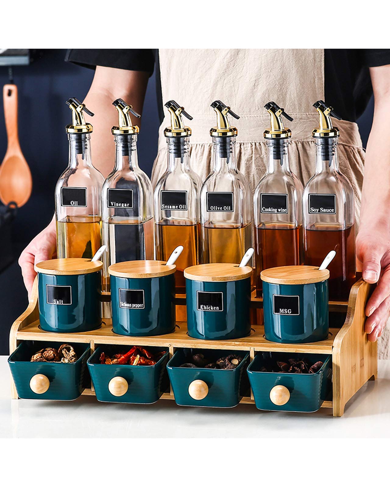 Wooden Spice Rack Organizer with Oil Bottle & Seasoning Jars - Countertop Kitchen Storage Shelf for Spices & Seasonings - Perfect for Pantry Organization & Cooking Space Saving
