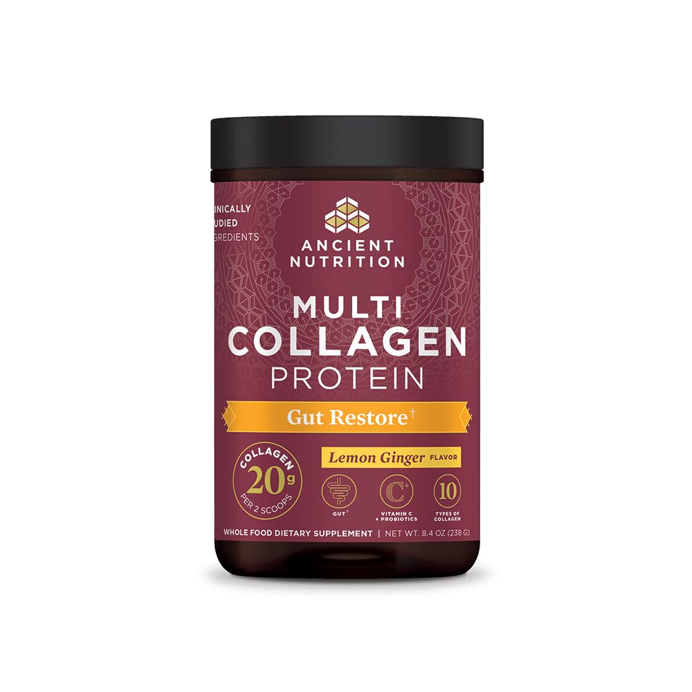 Ancient Nutrition Multi Collagen Protein Powder with Hydrolyzed Collagen Peptides - Supports Healthy Hair, Skin & Nails - Gut Restore Formula with Lemon Ginger, Apple Cider Vinegar & Vitamin C - 8.4 oz - Perfect for Daily Wellness Routine & Post-Workout Recovery