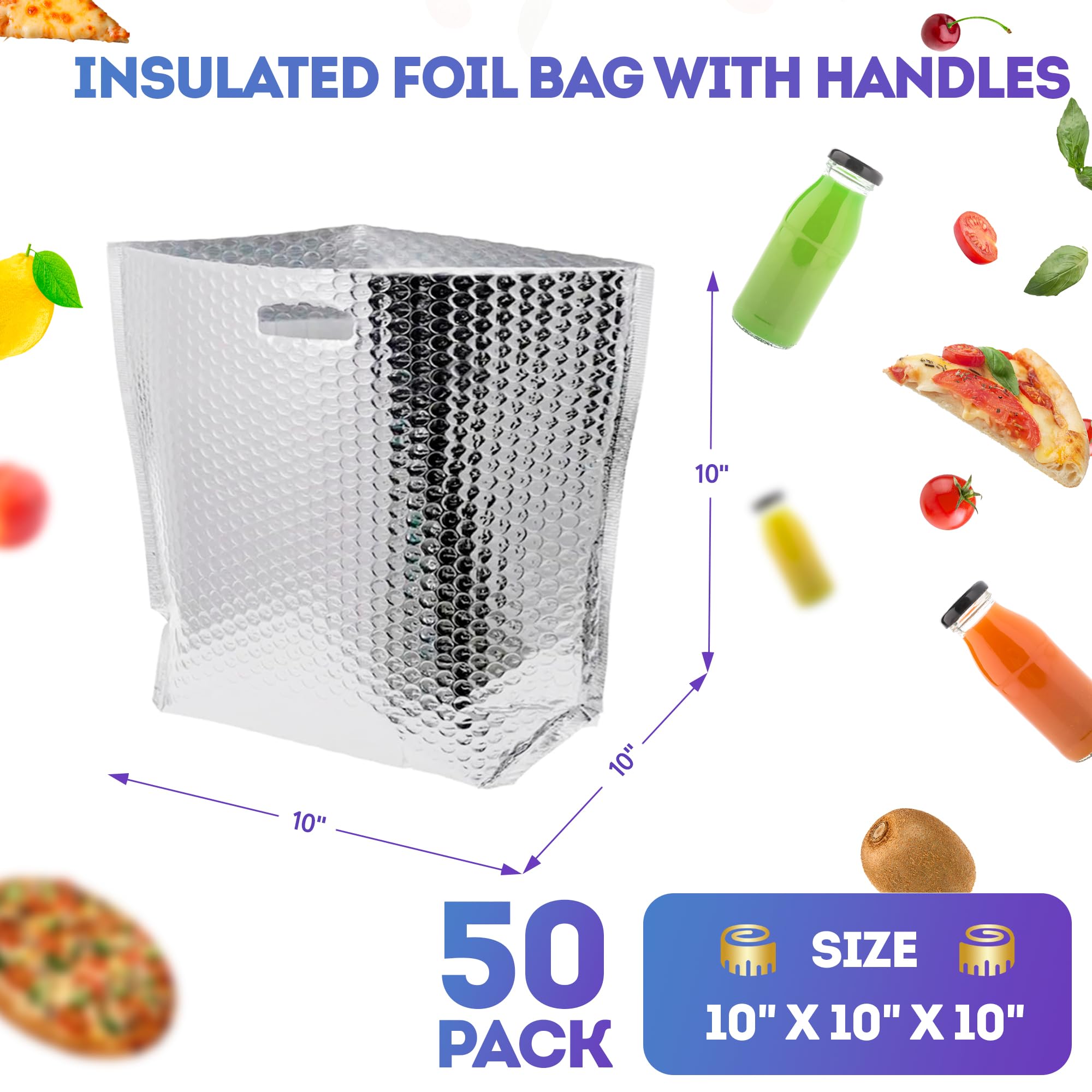 APQ 10x10x10 Inch Insulated Thermal Bags with Handles - 50 Pack Metallized Foil Food Shipping Bags for Frozen Food, Cosmetics & Perishables | Bubble Cushion Lined | Perfect for Meal Prep, Grocery Delivery & Cold Storage