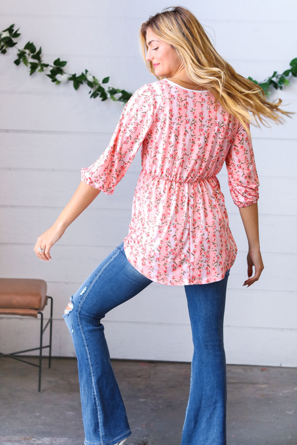 Pink Floral Stripe V-Neck Knit Top for Women - Casual Chic Blouse for Spring Outfits & Date Nights