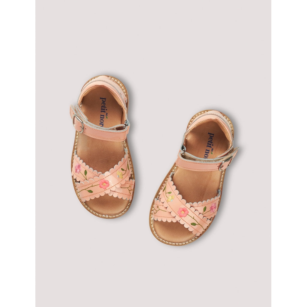 Petit Nord Women's Blush Patent Leather Scalloped Embroidered Sandals - Elegant Summer Wedding & Party Shoes for Bridesmaids & Formal Occasions