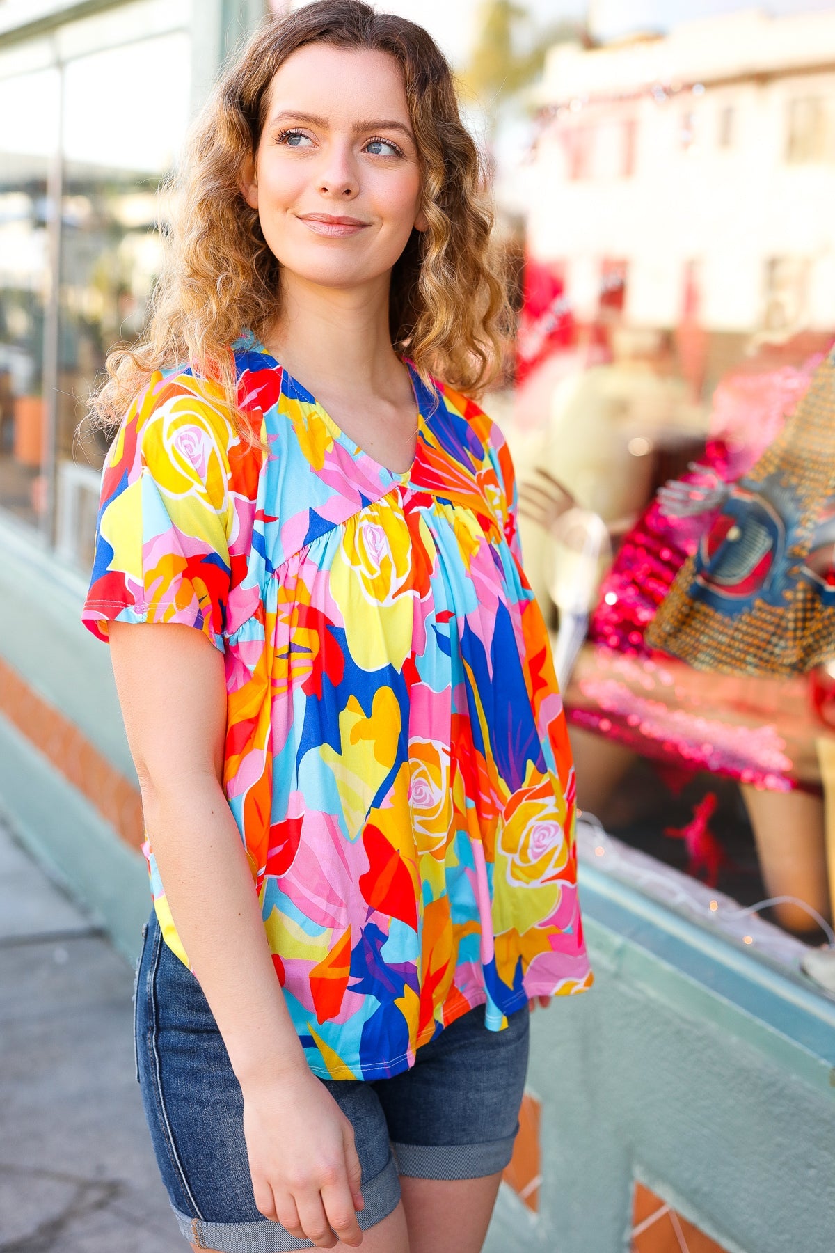 Orange & Yellow Geometric Floral Print V-Neck Dolman Sleeve Blouse for Women | Boho Chic Summer Tops | Perfect for Casual Outings, Beach Vacations & Music Festivals