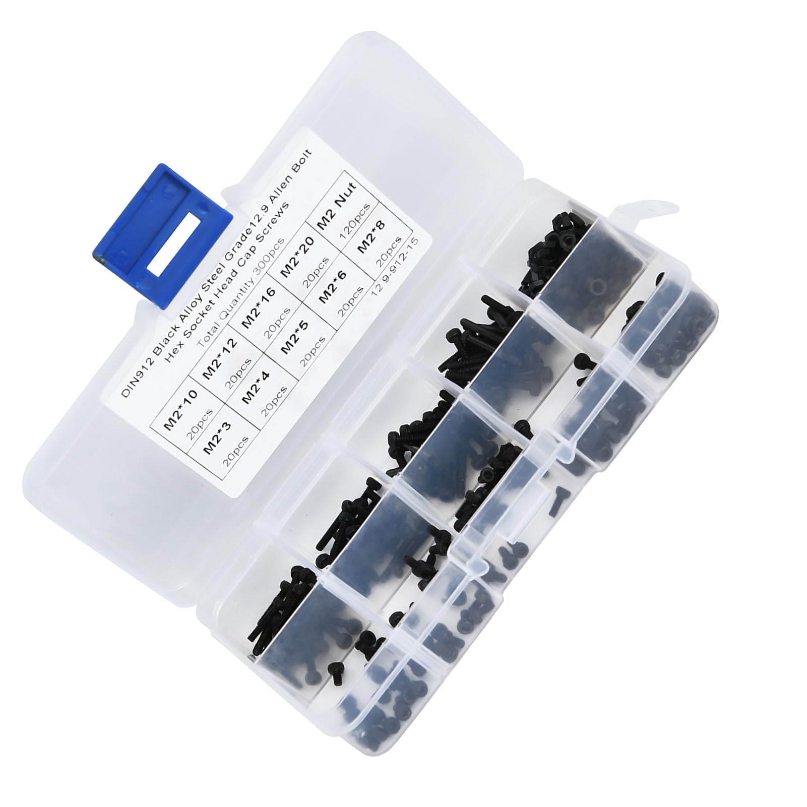 M2 Hex Socket Screw Bolt Nut Kit - 300PCS 12.9 Grade Alloy Steel for DIY & Repair