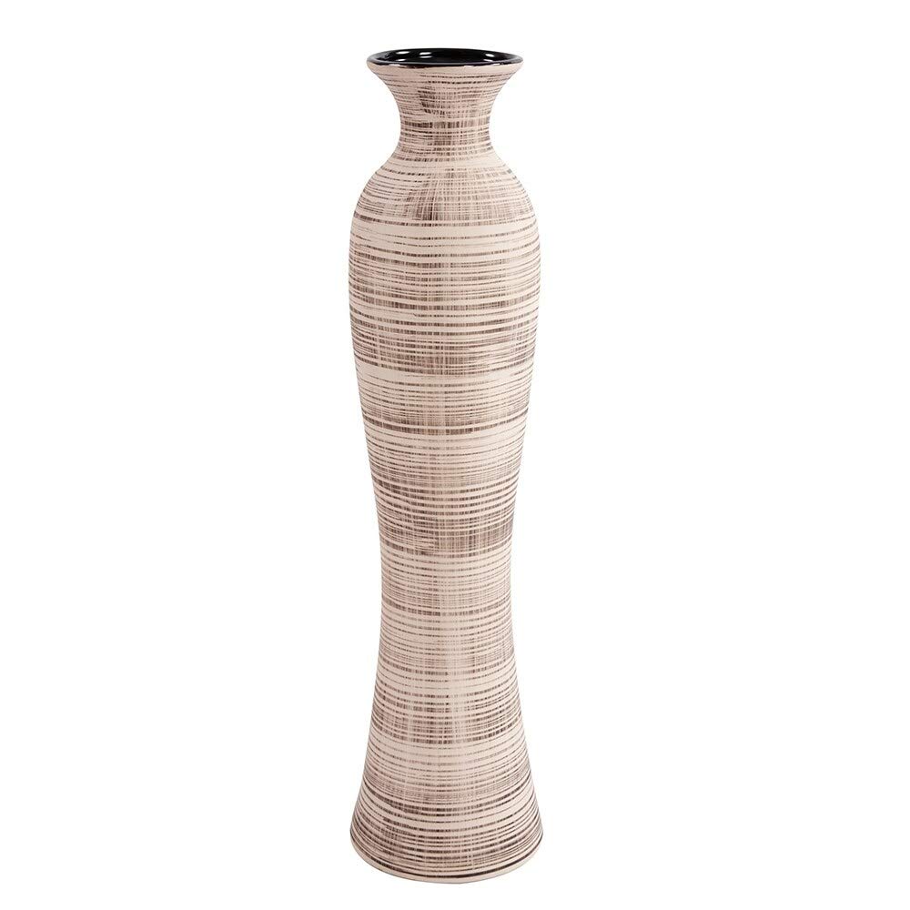 Tall Beige Ceramic Striped Vase - Modern Contemporary Home Decor for Living Room, Dining Table & Office Desk