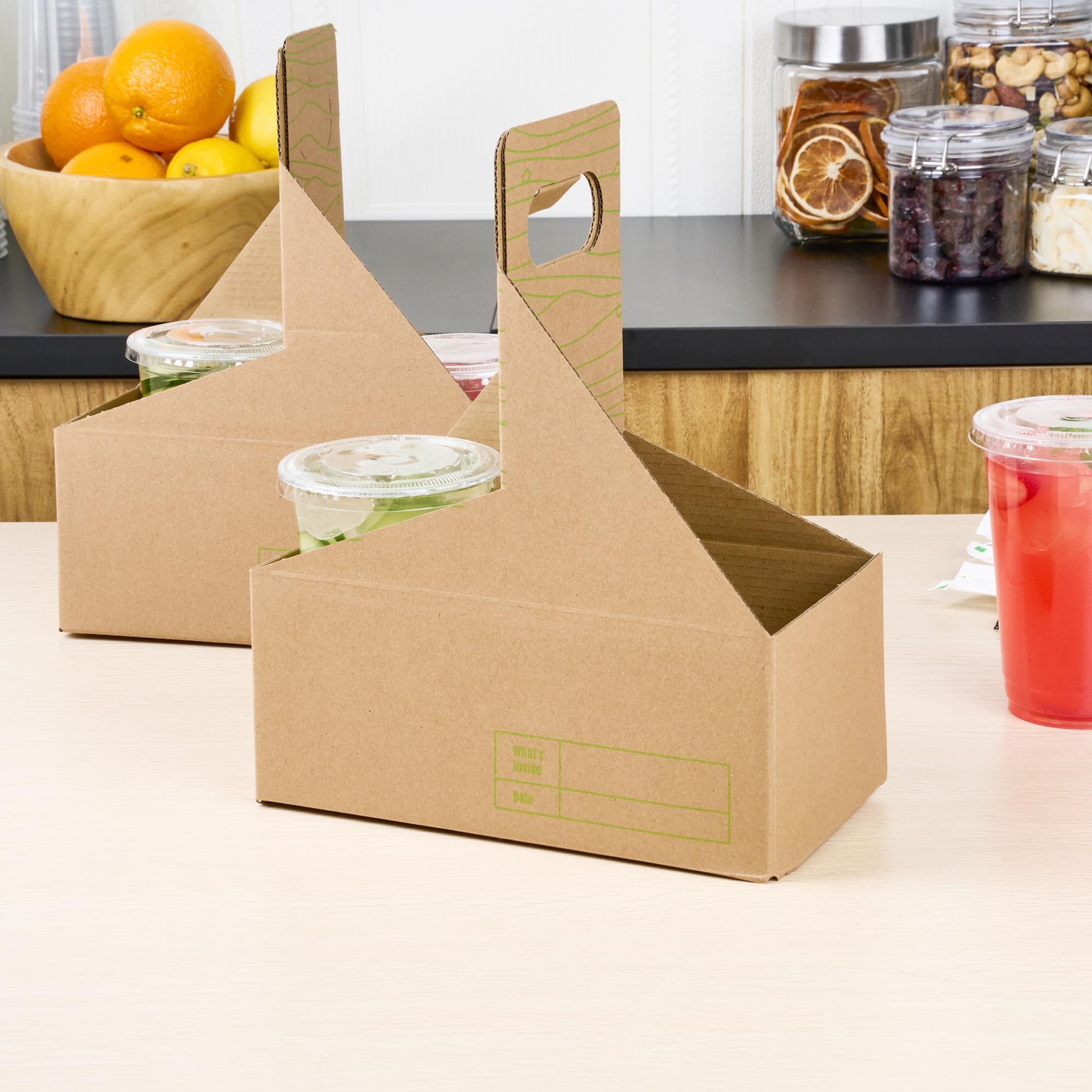 Restaurantware Cater Tek 100-Pack Disposable Cup Carriers with Handles - Kraft & Green Paper Drink Holders for 2 Cups, Perfect for Delivery, Takeout, Coffee Shops, and Beverage Businesses