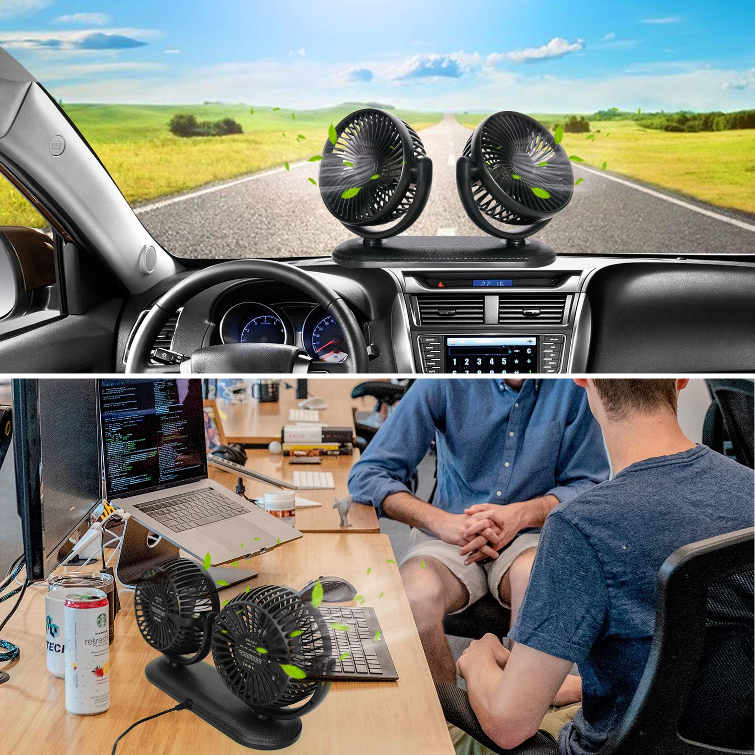 TriPole Dual Head USB Car Fan - 300° Adjustable, 3-Speed Strong Wind Cooling Fan for Dashboard, SUV, RV, Truck | Portable Electric Vehicle Fan for Home, Office & Travel Use